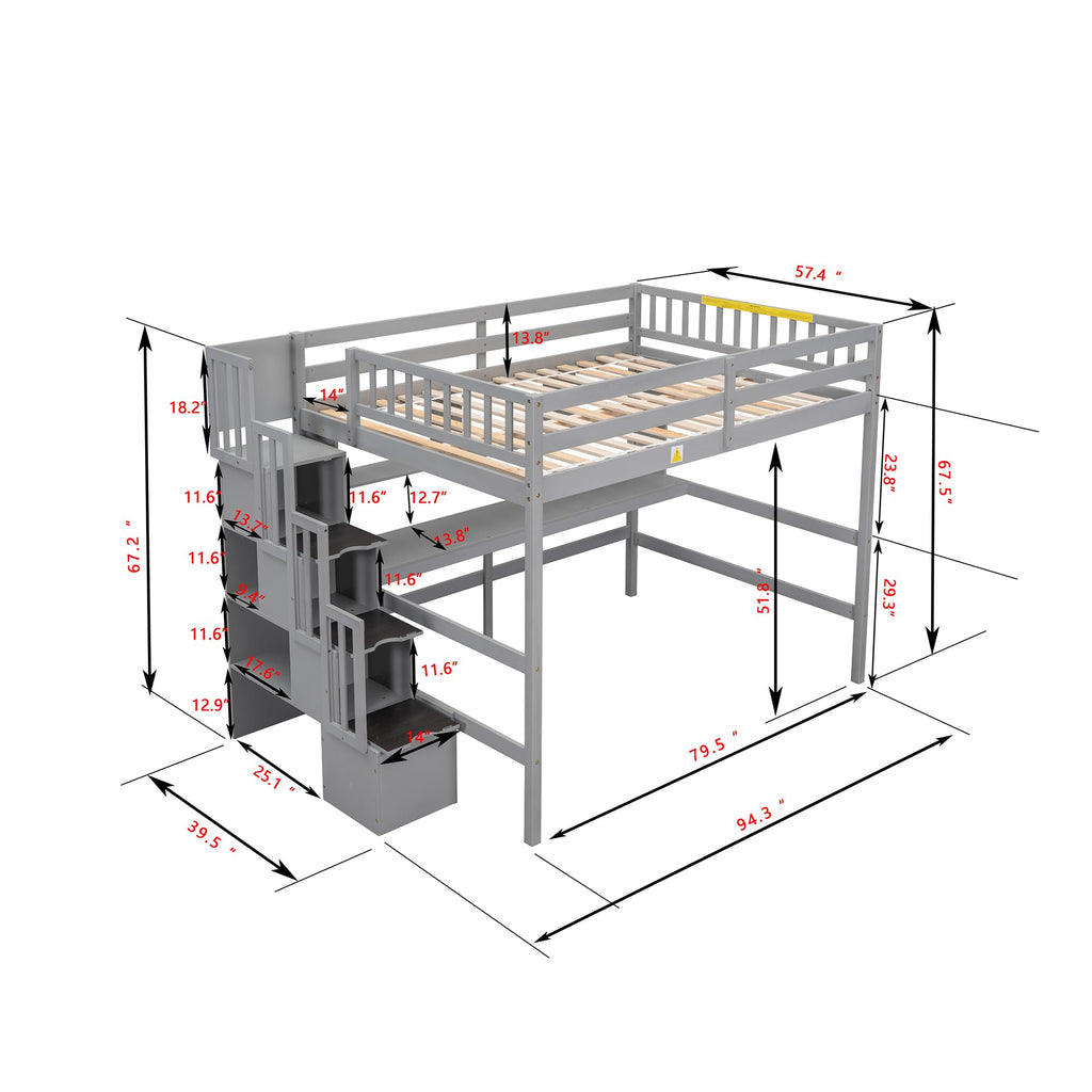 Bellemave Full Size Loft Bed with Desk and Storage Shelves,Wood Loft Bed Frame with Storage Staircase,High Loft Bed Full for Kids,Teens, Adults,Grey