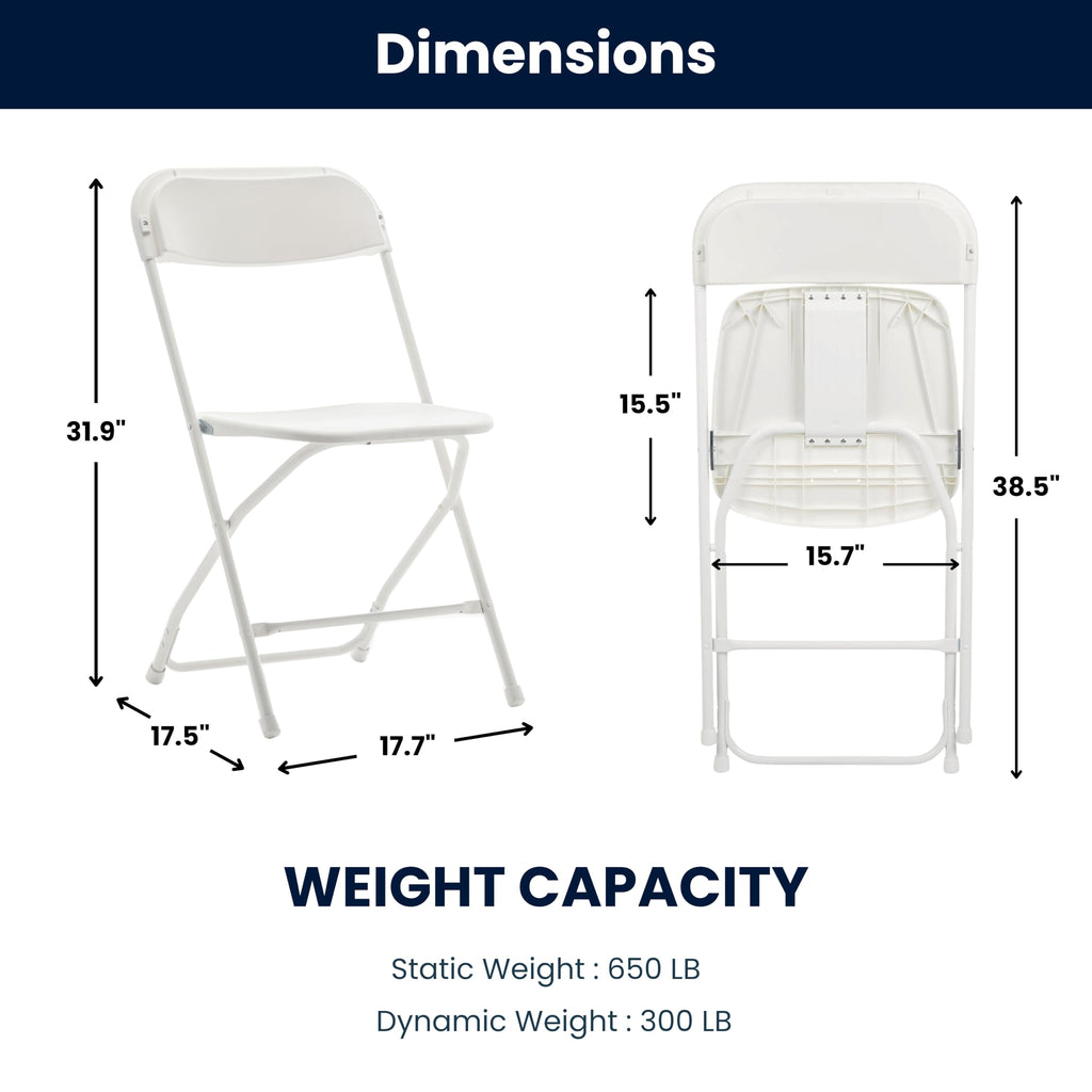 BTEXPERT Set of 50,Indoor Outdoor White Plastic Folding Chairs Stacking Steel Frame Commercial 650LB Weight Capacity Seating Home Yard Garden Wedding Event Party Picnic Dining Church School Portable