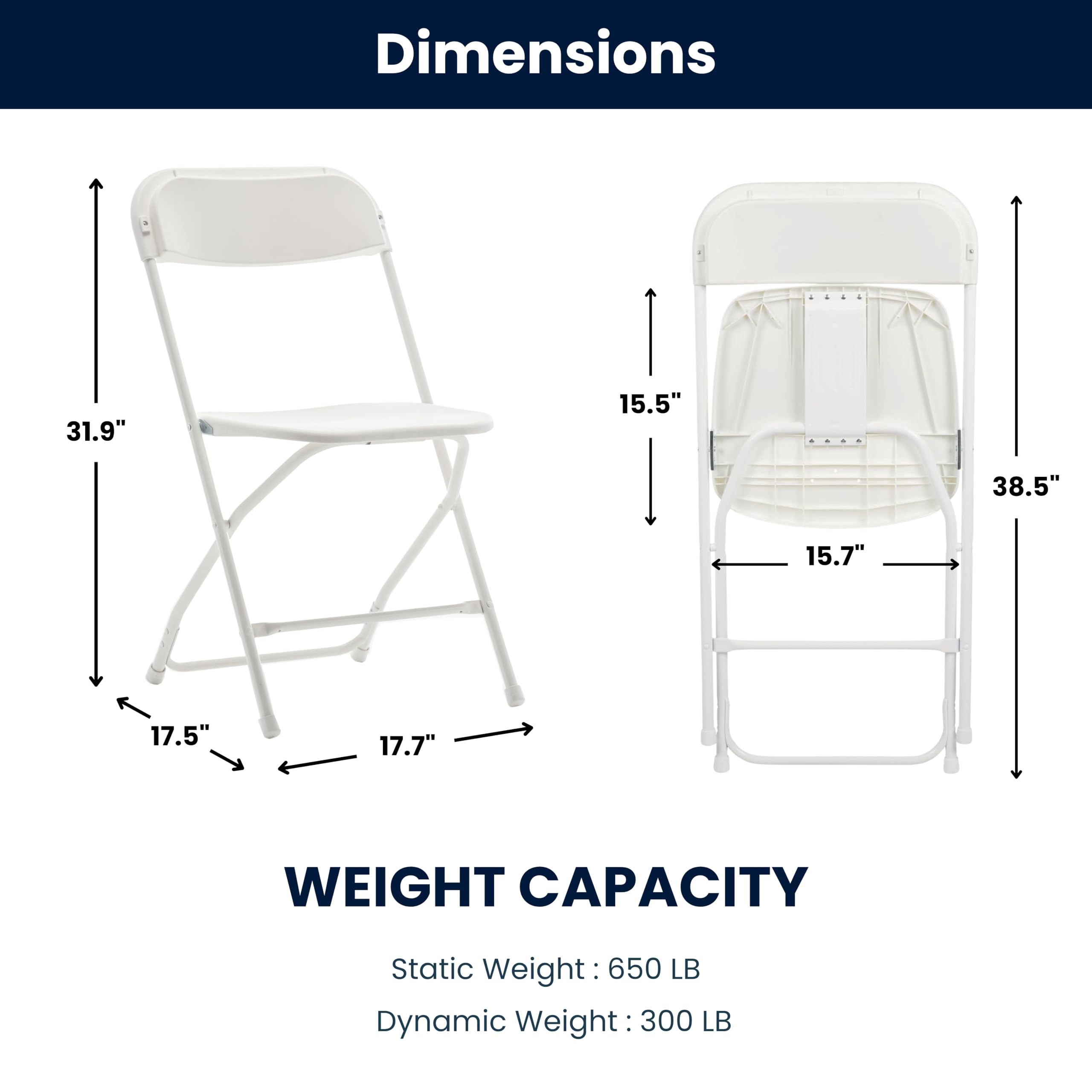 BTEXPERT Set of 50,Indoor Outdoor White Plastic Folding Chairs Stacking Steel Frame Commercial 650LB Weight Capacity Seating Home Yard Garden Wedding Event Party Picnic Dining Church School Portable