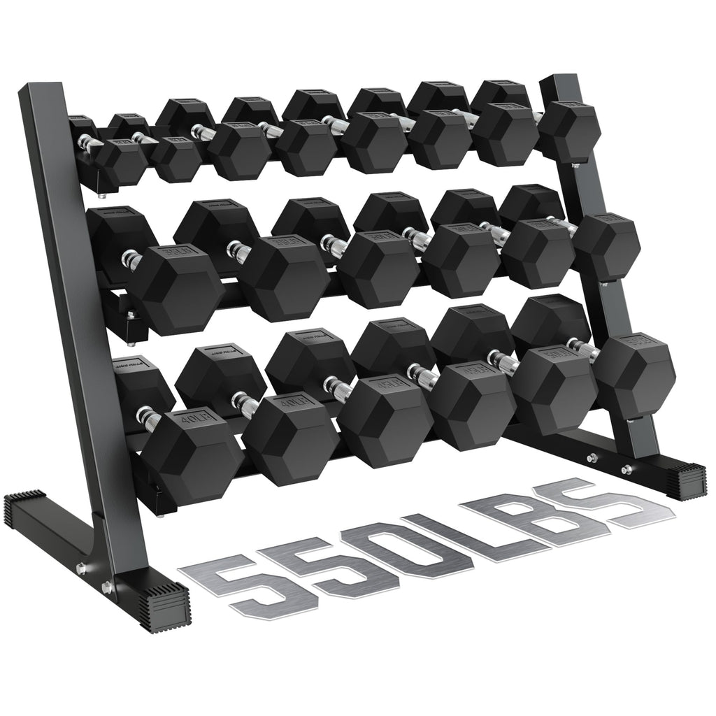 GOIMU Dumbbell Sets with Rack, Rubber Hex Dumbbells, 220/280/360/450/550LBS, Hand Weights with Chrome Handle for Strength Training(550LBS with Rack)