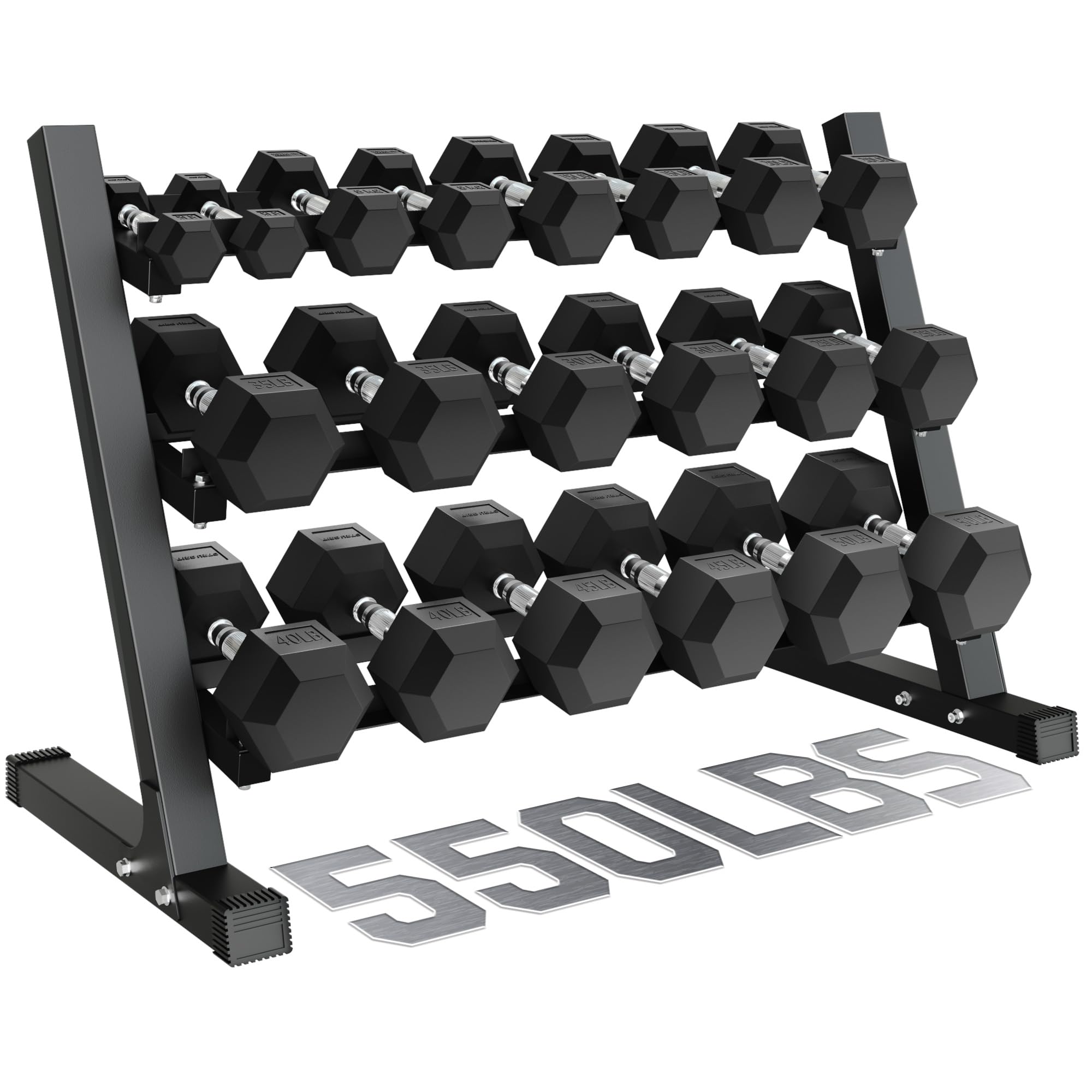GOIMU Dumbbell Sets with Rack, Rubber Hex Dumbbells, 220/280/360/450/550LBS, Hand Weights with Chrome Handle for Strength Training(550LBS with Rack)