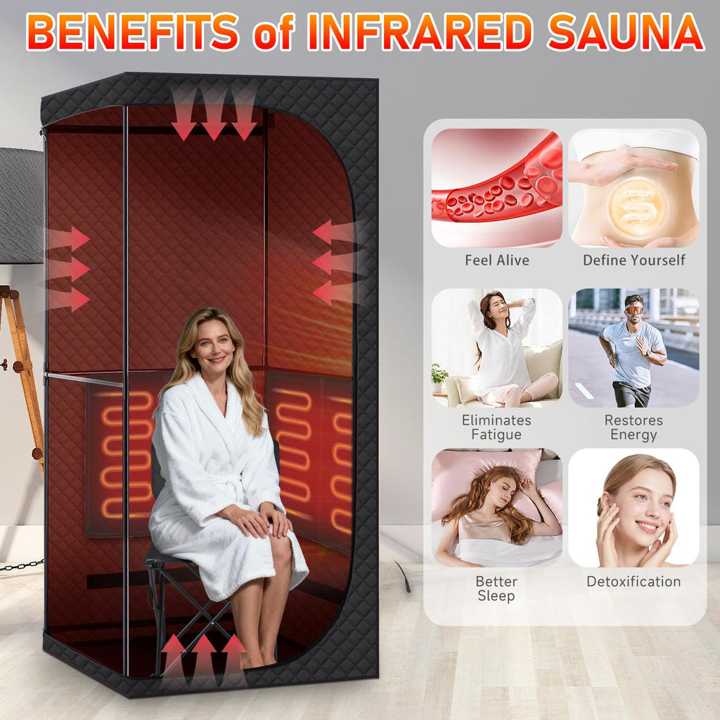 Fulove Portable Infrared Sauna Room, Dry Sauna Tent for Detoxification and Relaxation with Red Light Therapy and Folding Chair, 9 Levels, 32″×35″×71″