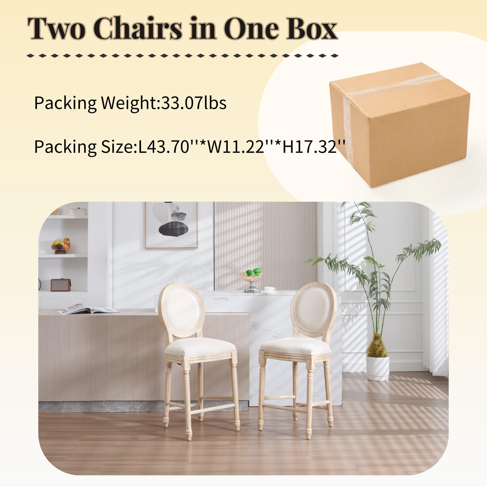 26" French Country Counter Height Chairs Set of 2,Upholstered Round-Back Bar Stools with Solid Wood Frame,Brushed Wire-Drawing Finish, Disassemblable Design for Kitchen,Living Room,Restaurant, Beige