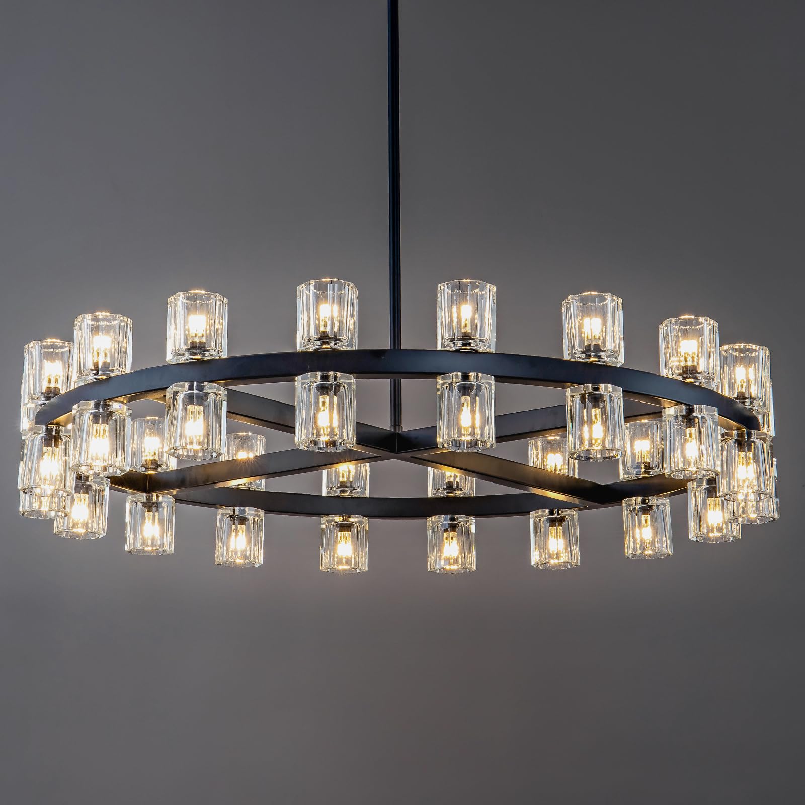 Plsintly Modern Black Crystal Chandelier,36" K9 Crystal Chandeliers for Dining Room Over Table,Wagon Wheel Chandeliers for Dining Room,Living Room,Foyer,Includes 36XG4 Bulbs