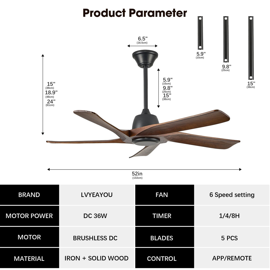 LVYEAYOU 52 Inch Solid Wood Ceiling Fan No Lights, Remote and APP Control, DC Motor, 6-speed Reversible, for Bedroom, Living Room, Office, Dark Walnut