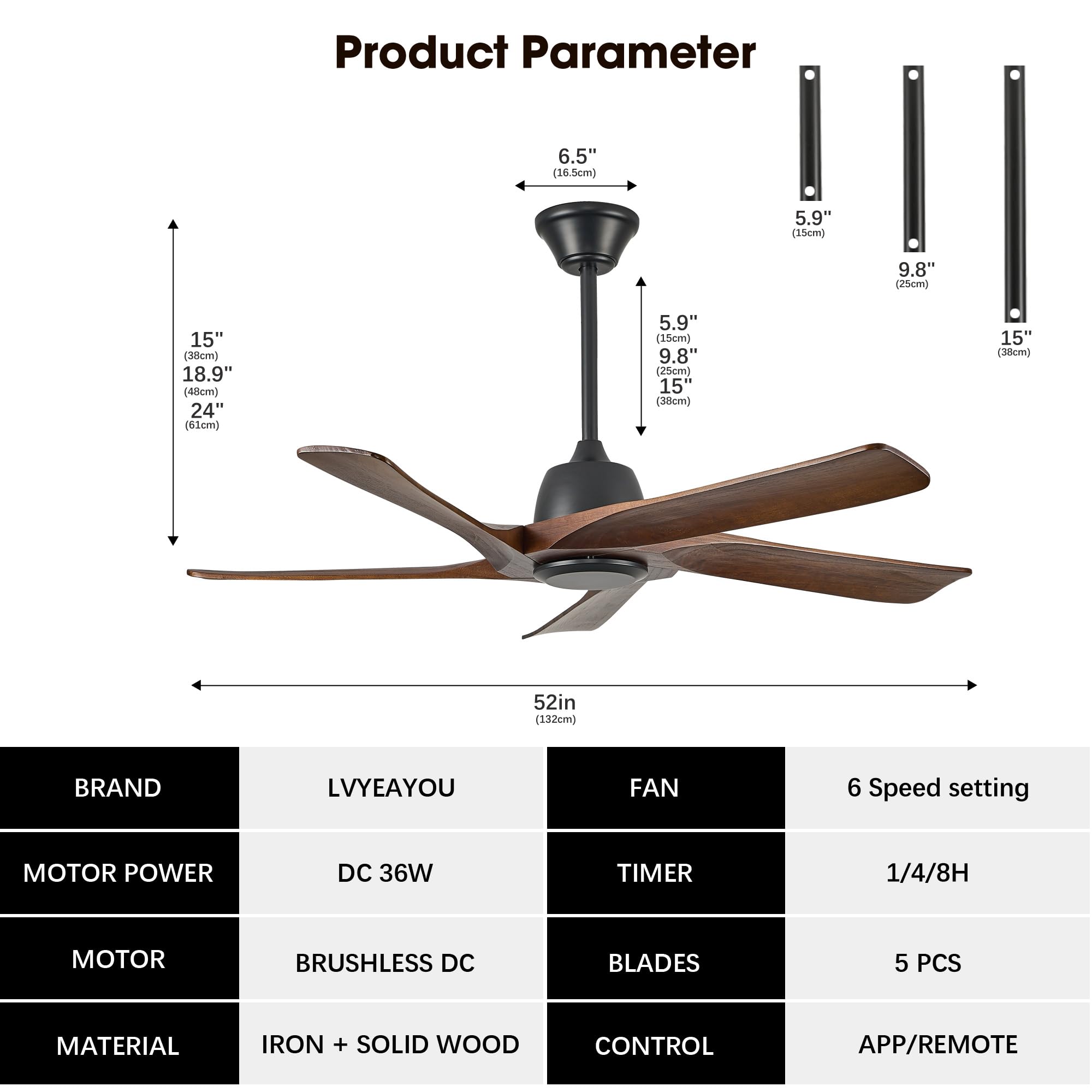 LVYEAYOU 52 Inch Solid Wood Ceiling Fan No Lights, Remote and APP Control, DC Motor, 6-speed Reversible, for Bedroom, Living Room, Office, Dark Walnut