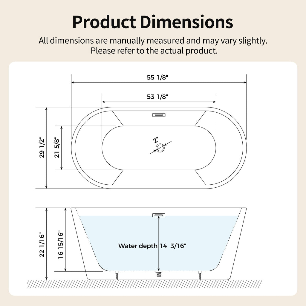 DeerValley 55" Acrylic Freestanding Bathtub, Deep Soaking Tub with Center Drain & Integrated Overflow, White Standalone Shower Tub Ergonomic Design, DV-1T0582