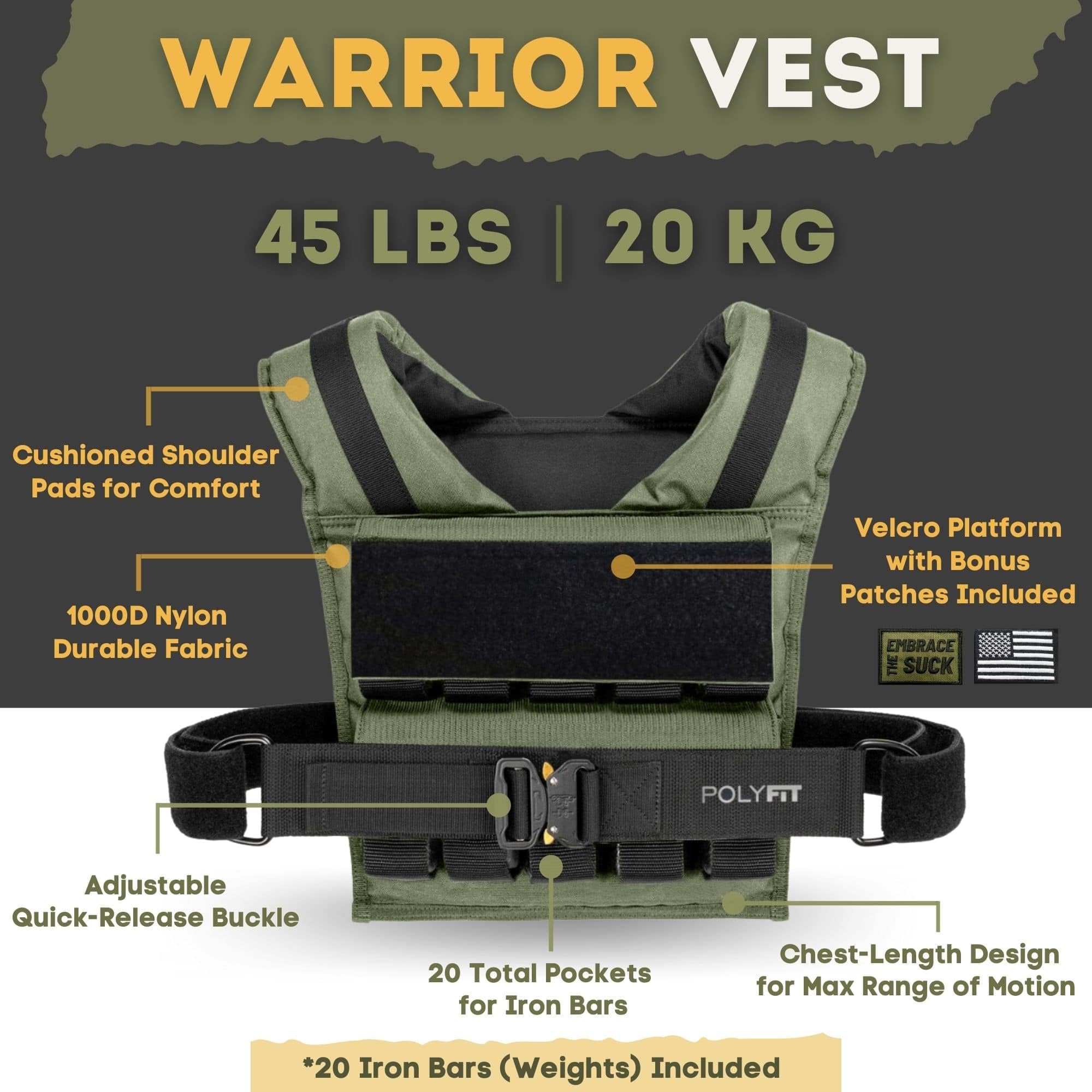 Polyfit (Warrior) Adjustable Weighted Vest - 25lb | 35lb | 45lb - Weight Vest with Adjustable Iron Weights for Men and Women - Workout Vest for Strength Training, Running, Walking, Rucking - GREEN - 20KG