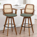 WUPOTO Bar Stools Set of 2, 29.7" Bar Height 360° Swivel Stools with Ergonomic Rattan Back, Faux Leather Seat, Bamboo Legs with Walnut Finish, Mid-Century Style (Green)