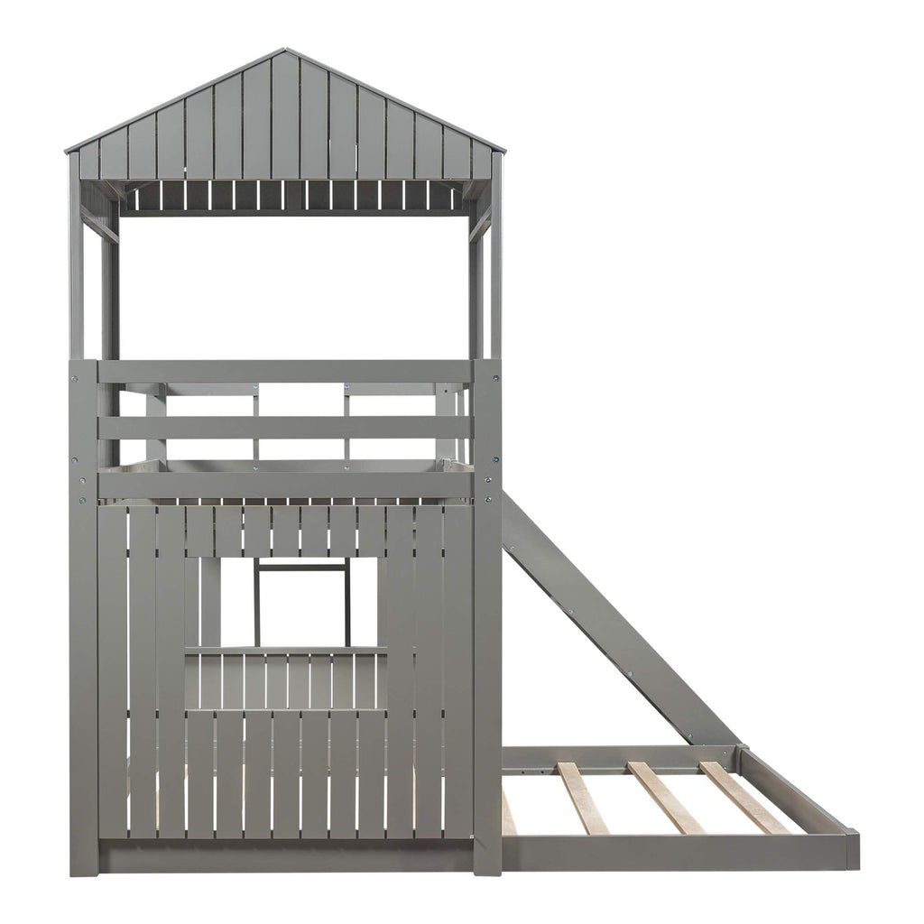Twin Over Full Bunk Bed Frames with Slide, Safety Guardrails and Ladder for Teens, Girl or Boys, House Shape, Gray