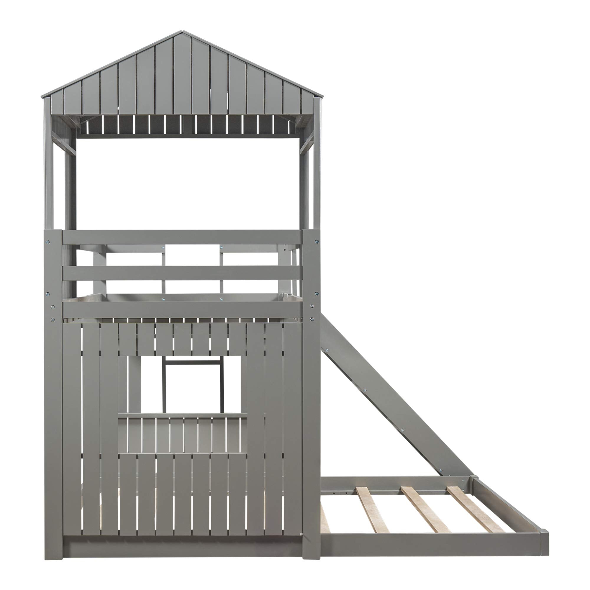 Twin Over Full Bunk Bed Frames with Slide, Safety Guardrails and Ladder for Teens, Girl or Boys, House Shape, Gray