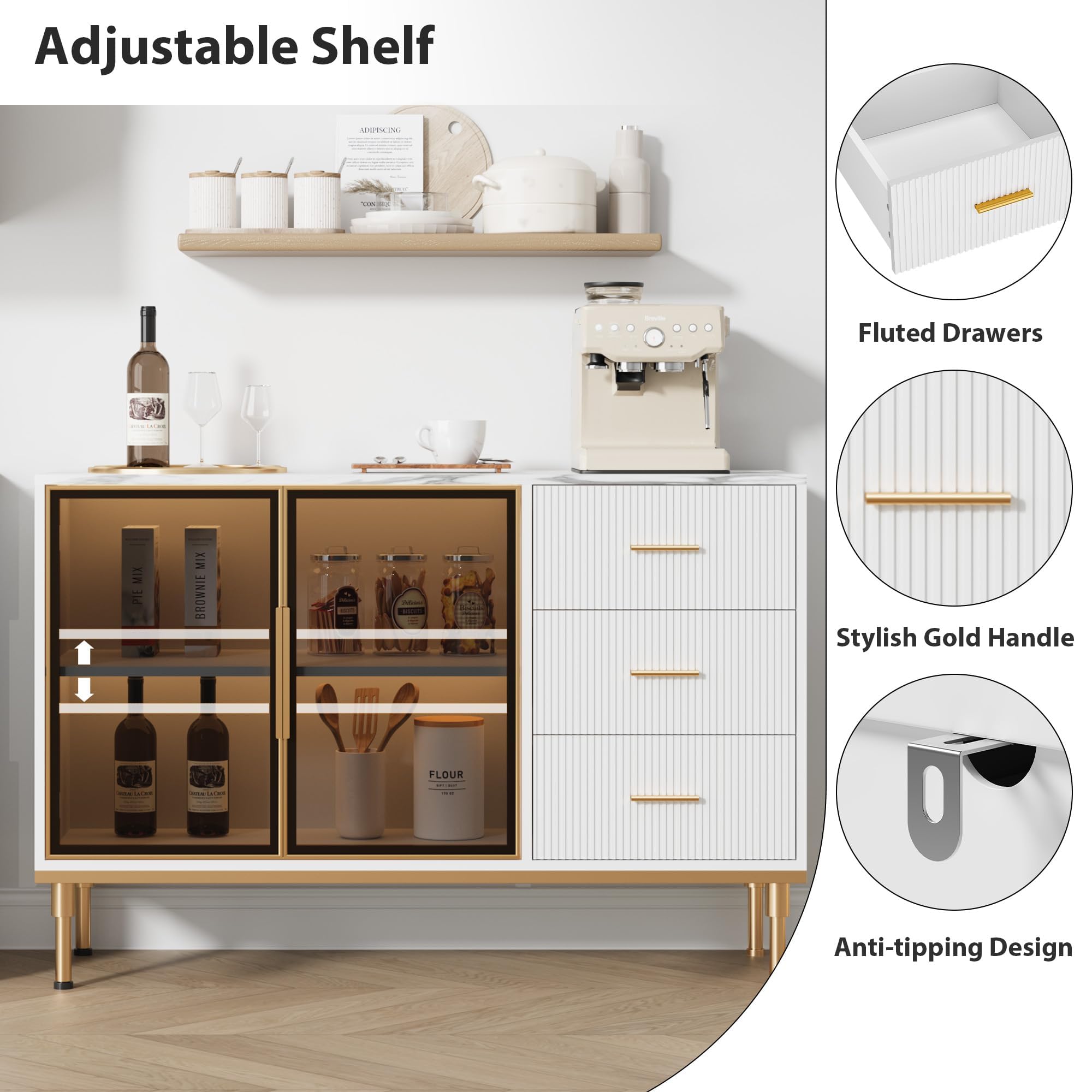 GAOMON Buffet Sideboard Cabinet with Storage, 46.4" Large Fluted Kitchen Sideboard Cabinet with 2 Glass Doors 3 Drawers and Shelves, Faux Marble Top Buffet Table for Dining Room, Living Room, White