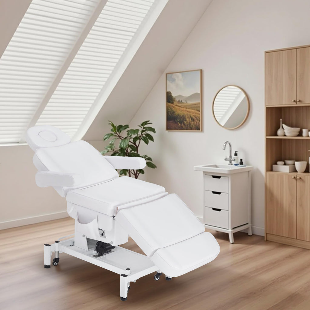 BarberPub Fully Electric Beauty Bed, 3-Motor Salon Spa Chair with Foot-Controlled Wheels, Adjustable Height, Backrest & Leg Rest – PVC Leather, Professional Facial & Treatment Table 2754 (White)