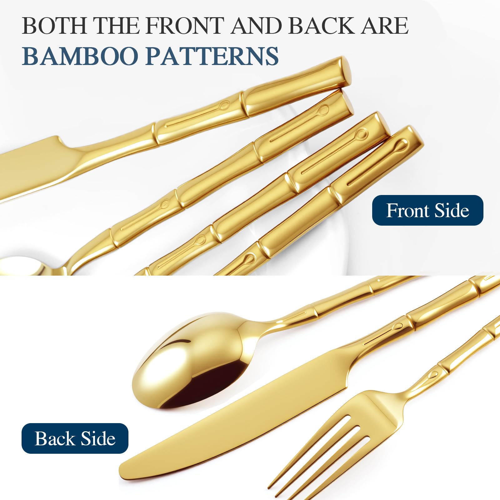 SILWELL Silverware 60-Piece Stainless Steel Mirror Polishing Gold Flatware Set Bamboo Pattern Cutlery Set Service for 12
