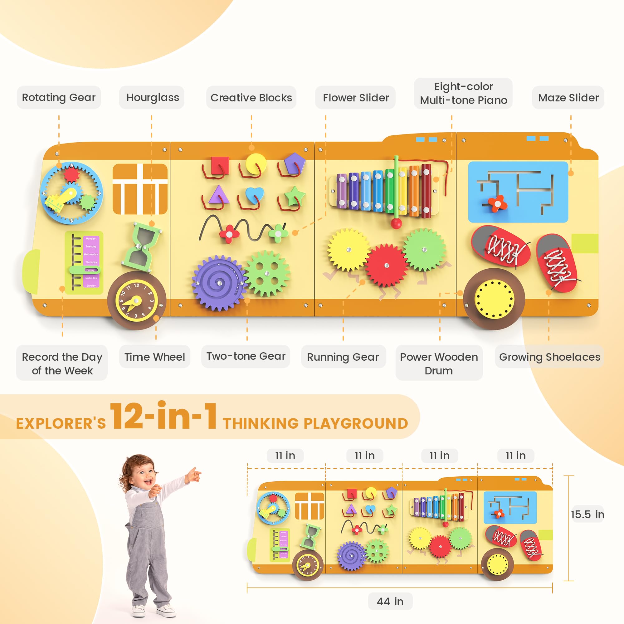 BlueWood 2024 8 in 1 Pikler Triangle Climbing Set, School Bus Wall Busy Board Panels