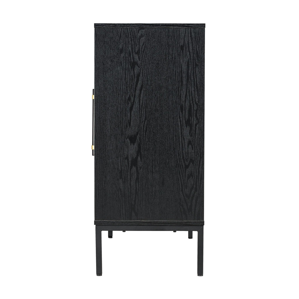 Hopper Studio Sophia 2-Door Accent Cabinet, Black Finish with Rattan Doors & Wood/Brass Handles, Adjustable Shelf, Aluminum Legs, Mid-Century Modern Storage for Luxury Living Room, Kitchen, Entryway