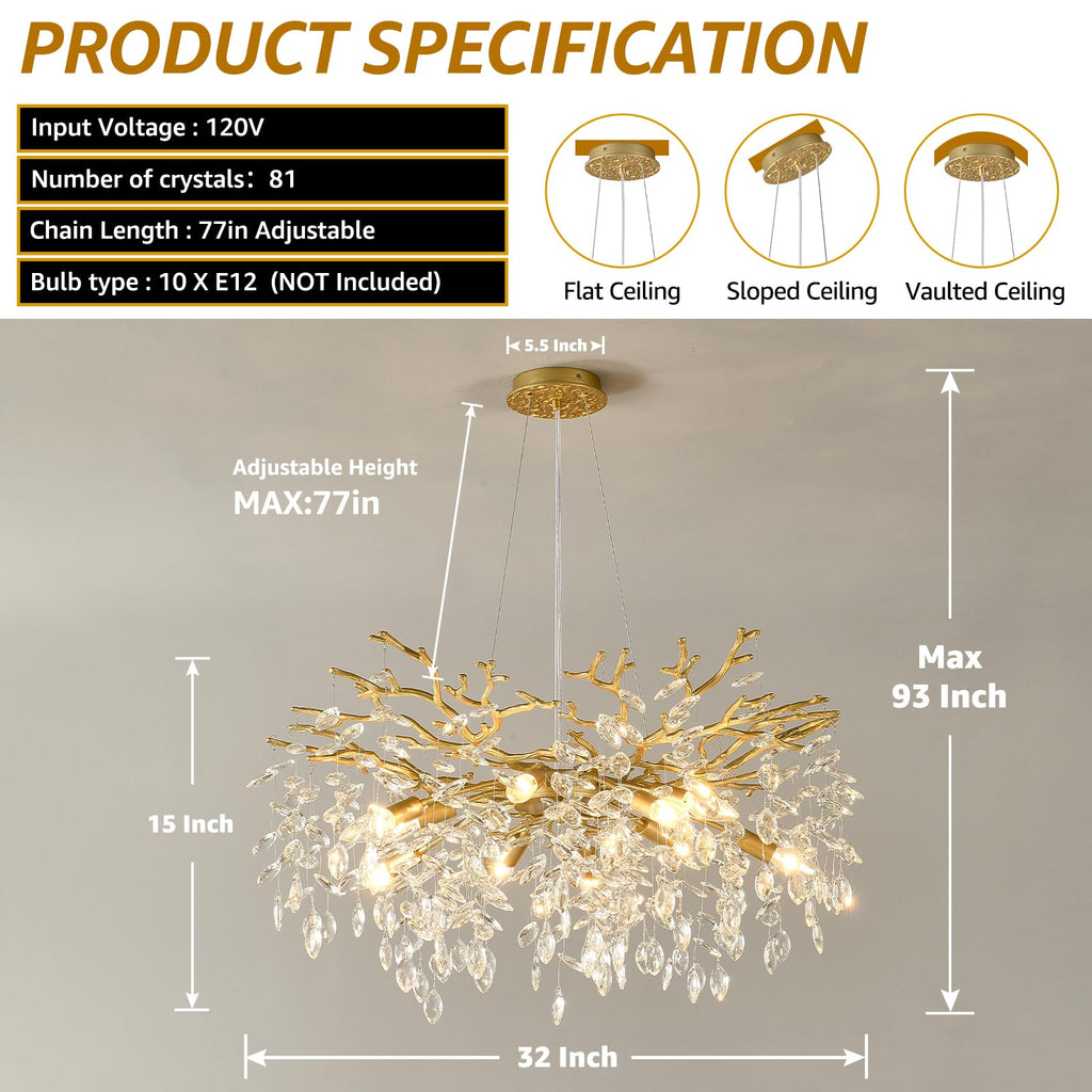 EGM Gold Tree Branch Crystal Chandelier, 32 Inch Modern Raindrop Crystal Ceiling Light Fixtures 10-Light(E12), Hanging Round Chandeliers for Dining Room Living Room Bedroom Foyer
