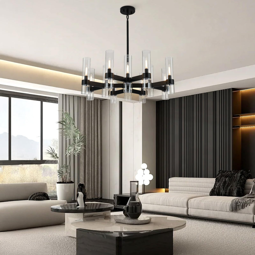 12 Light Black Chandeliers for Dining Room Light Fixtures Over Table, Modern Farmhouse Chandelier with Clear Glass Cover for Living Dining Room Kitchen Island Bedroom Foyer 34"