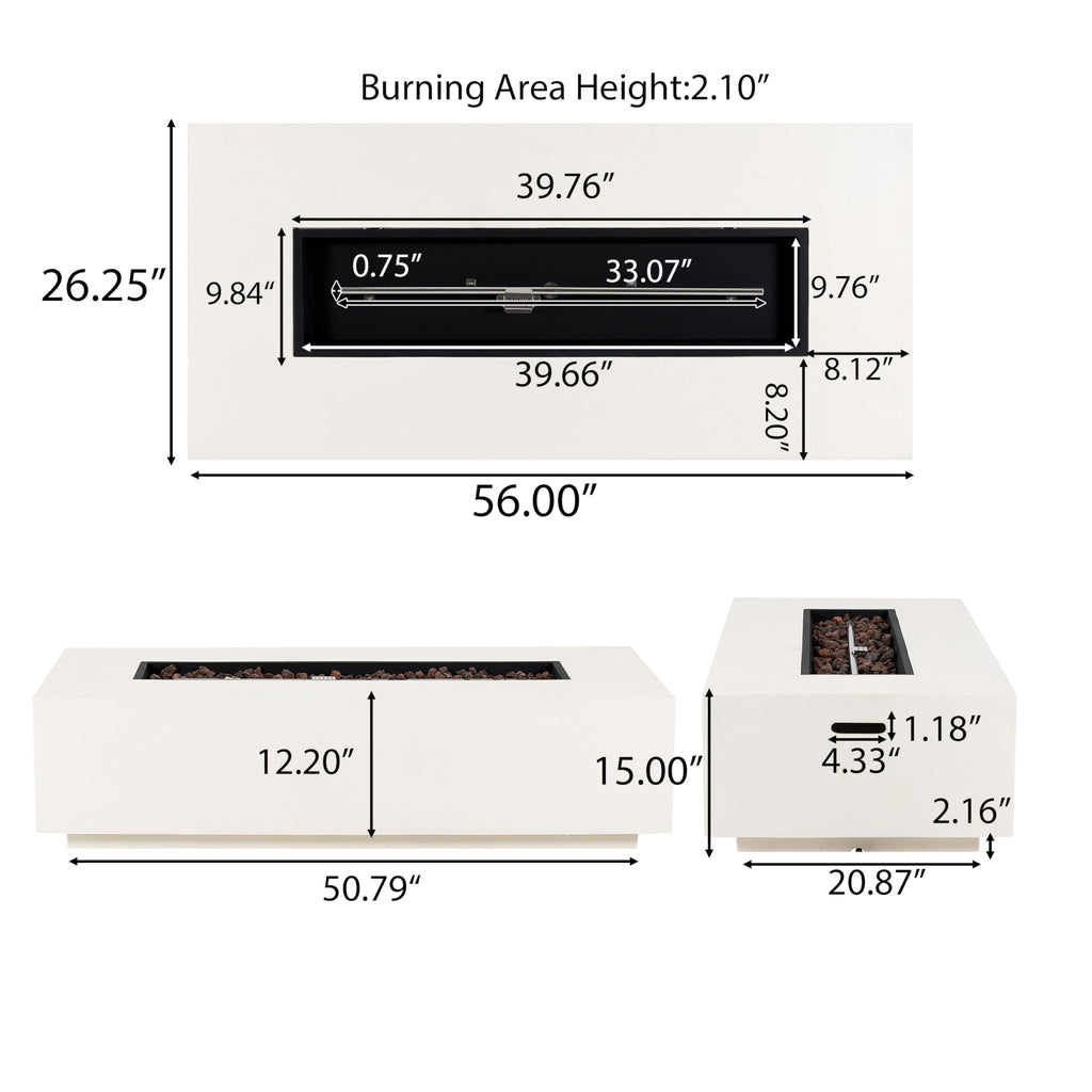 Christopher Knight Home Aidan Lightweight Concrete Outdoor Propane Fire Pit Table, 50,000 BTU Rectangular Fire Table for Patio Furniture Set (No Tank Holder), Fully Assembled Patio Fire Pit, White