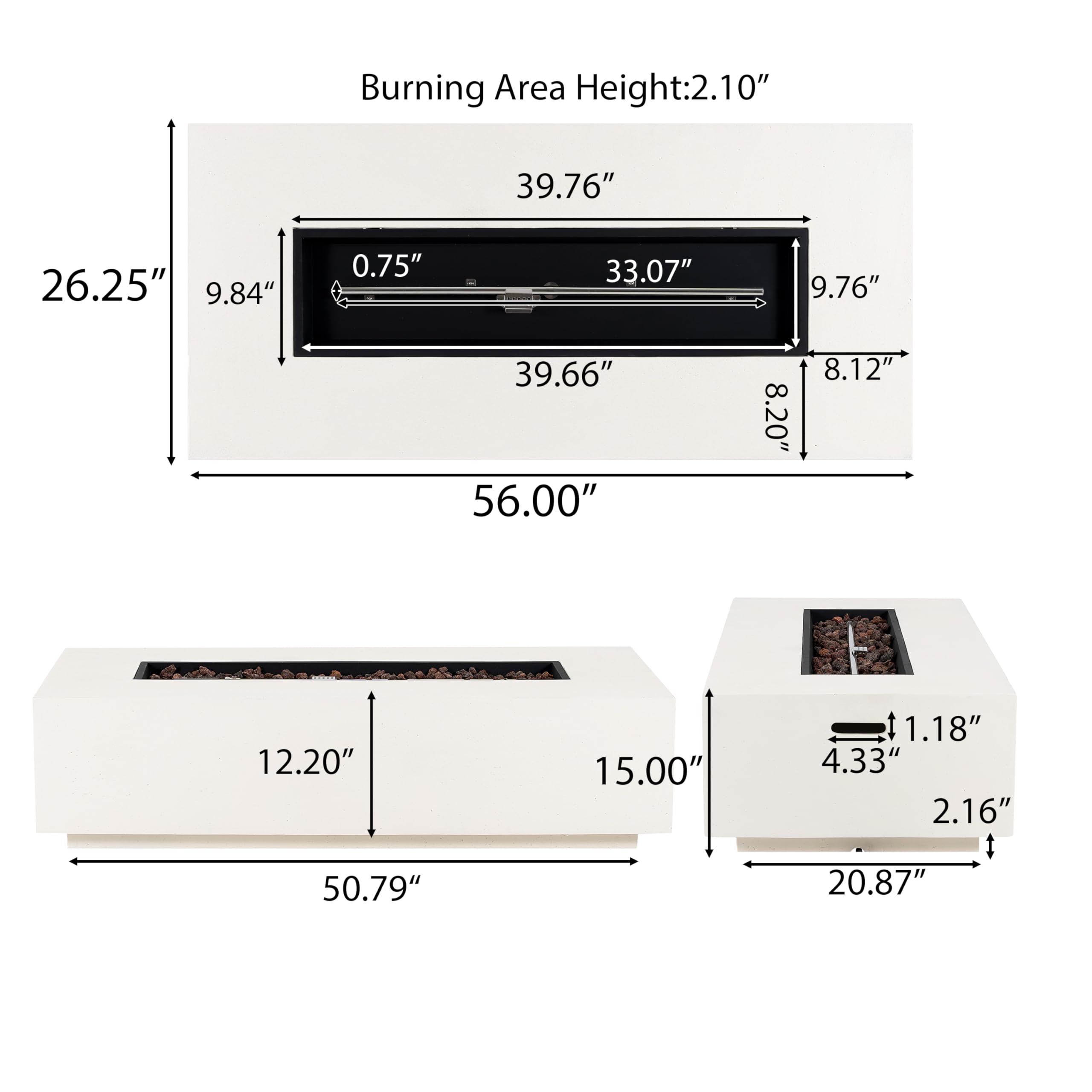 Christopher Knight Home Aidan Lightweight Concrete Outdoor Propane Fire Pit Table, 50,000 BTU Rectangular Fire Table for Patio Furniture Set (No Tank Holder), Fully Assembled Patio Fire Pit, White