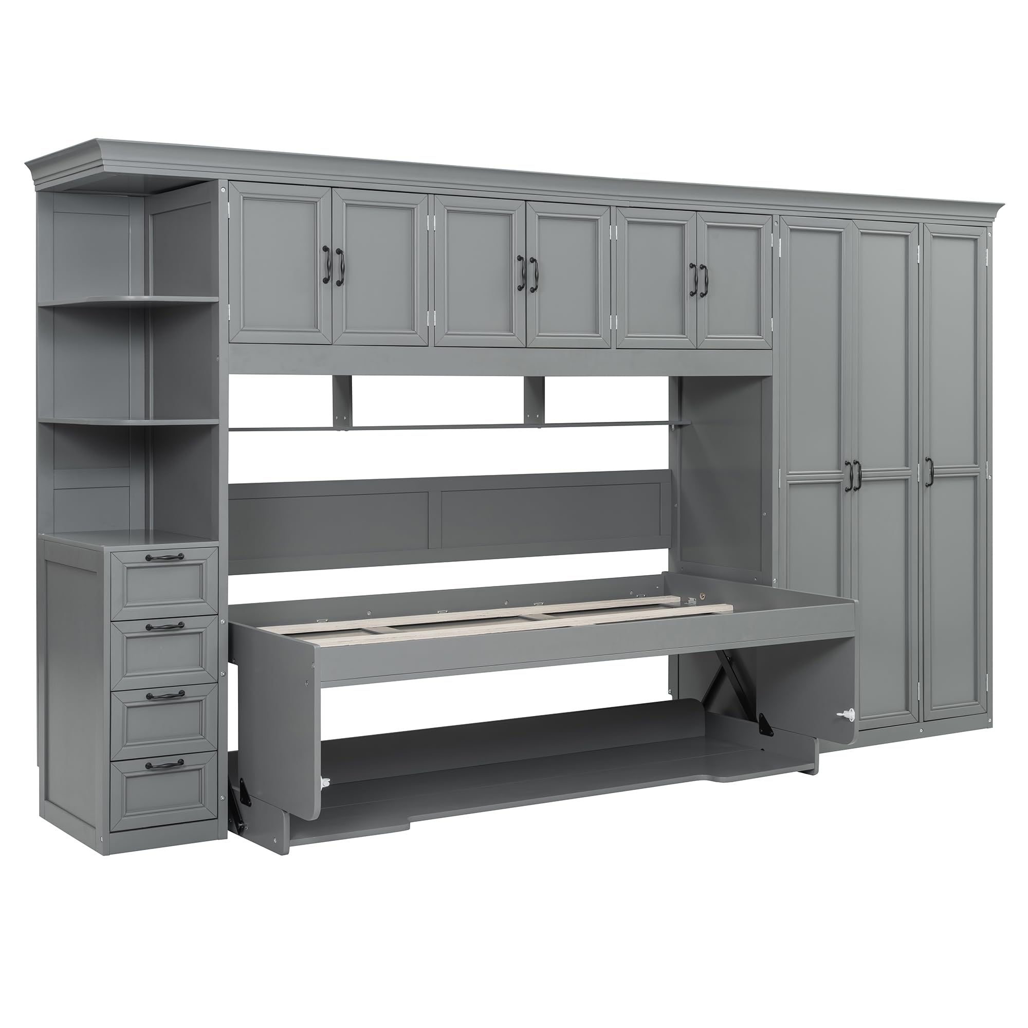 DNYN Murphy Bed with Top Cabinets and Wardrobe, Space-Saving Foldable Wall Bed Frame with Storage Drawers/Shelves/Desk for Bedroom Guest/Study Room, No Box Spring Needed