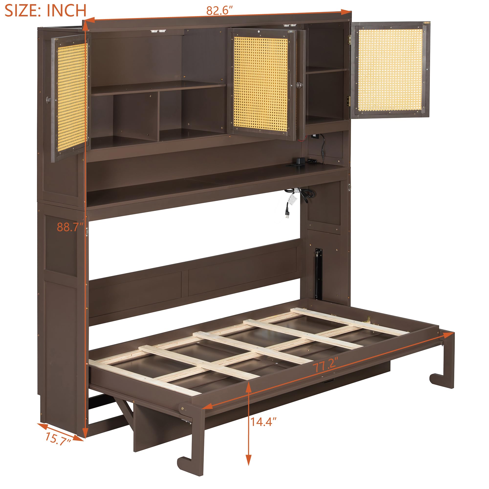 DNYN Murphy Bed Frame with Top Cabinet and LED for Bedroom/Guest/Study Room, Twin Size Wooden Foldable Wall Bed with USB Ports, Space-Saving Design & No Box Spring Needed