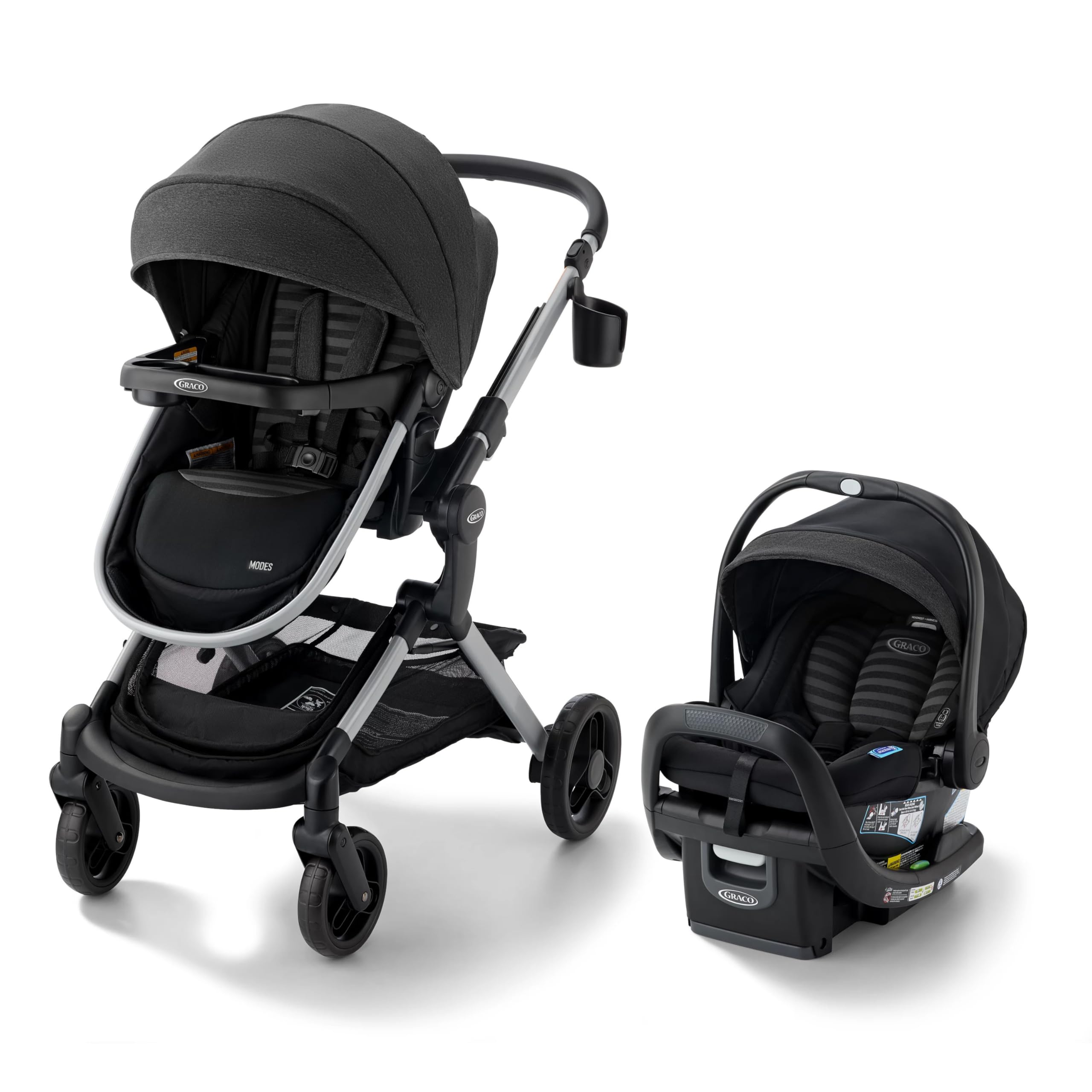 Graco® Modes Nest DLX Travel System, 3-in1 Modular Baby Carseat Stroller Combo, Adjustable Slide2Me Infant Car Seat Carrier, Pramette, to Toddler Stroller, Includes SnugRide DLX Infant Car Seat, Raven
