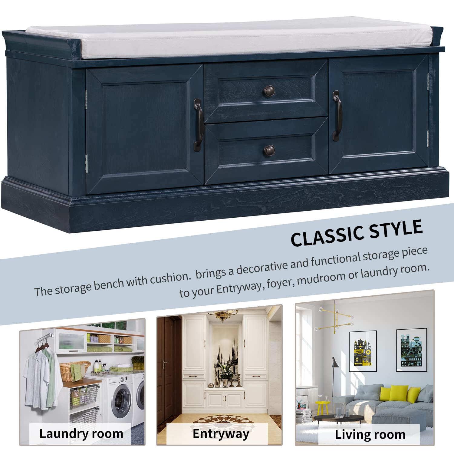 Acosure 42″ Storage Bench with 2 Drawers and 2 Cabinets，Multipurpose Entryway Shoe Rack W/Removable Cushion，for Living Room Hallway Porch,Antique Navy
