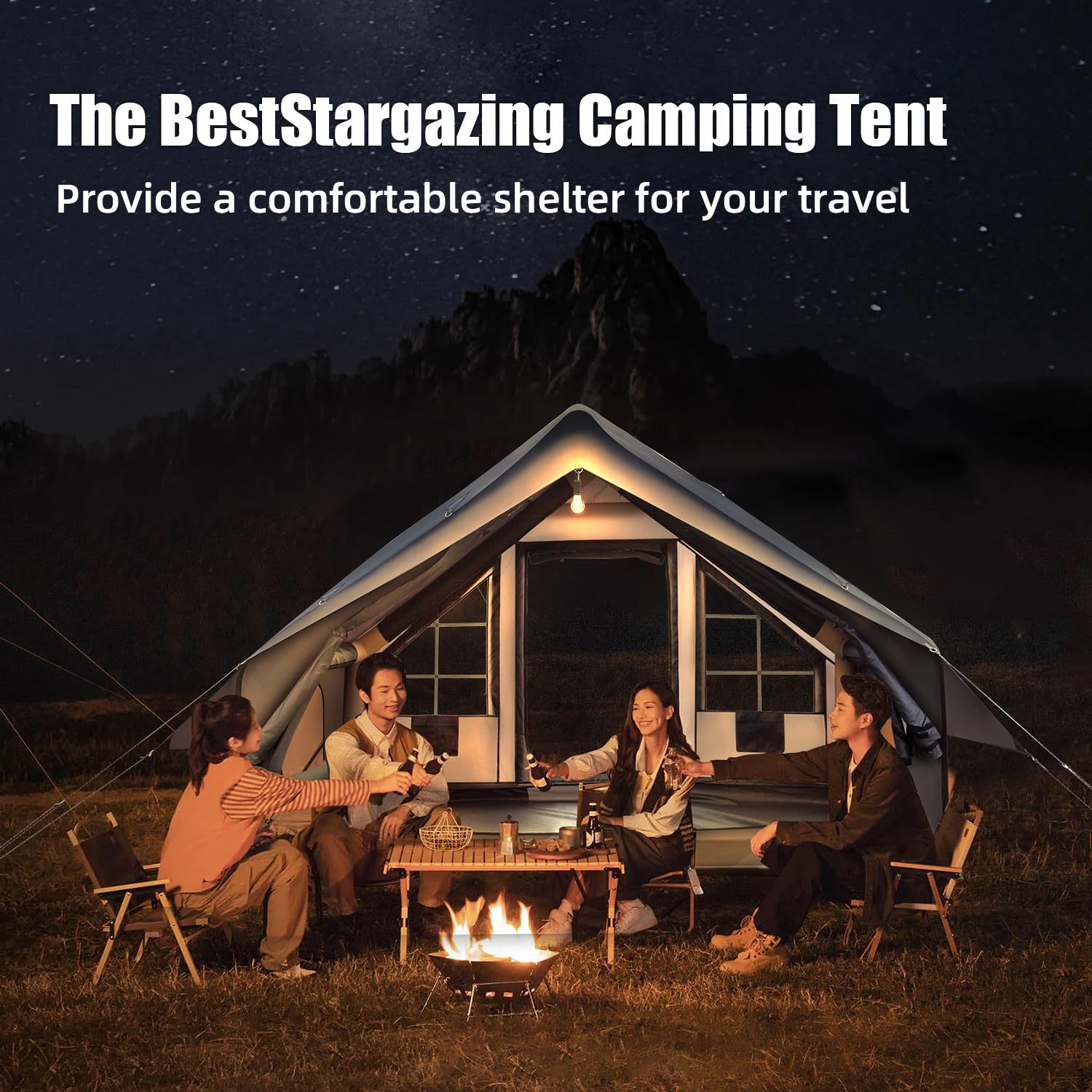 Inflatable Camping Tent Tarps for 4-6 Person, with Electric Air Pump, Extended Canopy, 4 Season Waterproof Windproof, Clear Skylight & 420D Oxford Waterproof, Air Tent with Mesh Windows/Doors