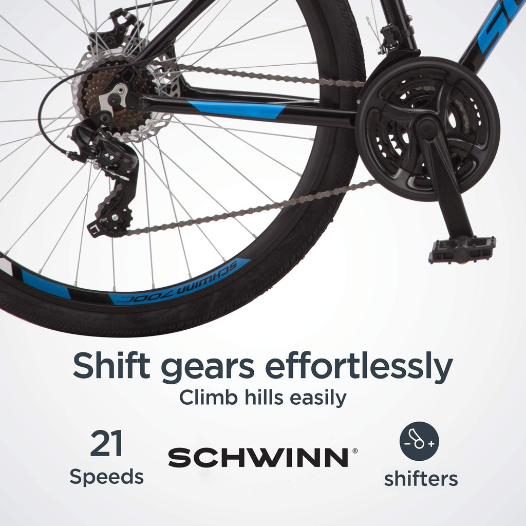 Schwinn GTX 2 Hybrid Bike, 700c Mens and Womens Bike, 21-Speed Hybrid Bicycle, Aluminum Dual-Sport Frame, Suspension Fork, Mechanical Disc Brakes, Adult Bicycle