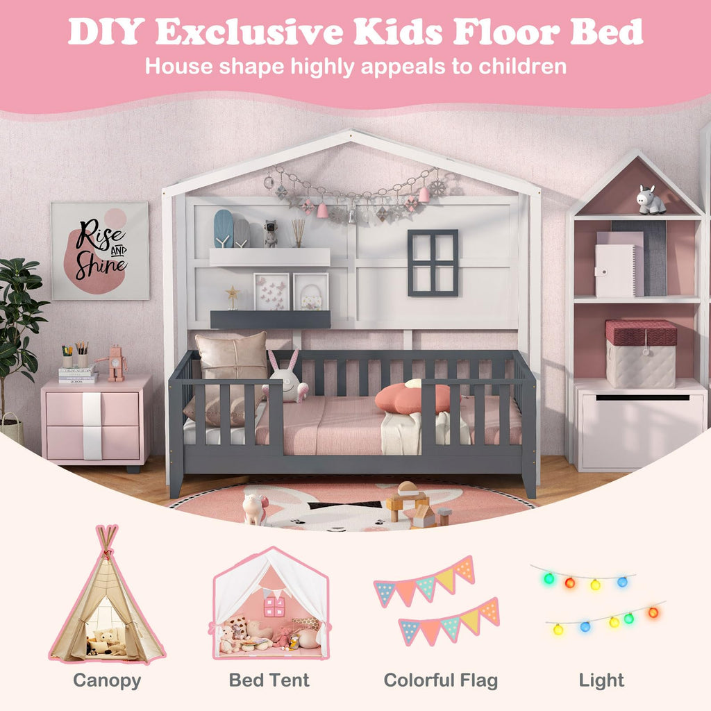 Giantex Twin House Bed, Solid Wood Montessori Bed Frame with 2 Storage Shelves, Fence & House Roof, Wood Slat Support, Low Twin Bed Frame for Kids Teens Girls Boys, No Box Spring Needed, White & Grey