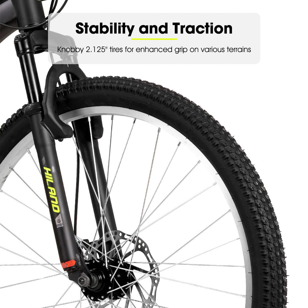 HH HILAND Mens and Womens Mountain Bike, 26 Inch 18 Speed Mountain Bicycle with Dual Disc Brake, Front Suspension Fork, High Carbon Steel Frame Urban Commuter Bike for Adults, Black Yellow