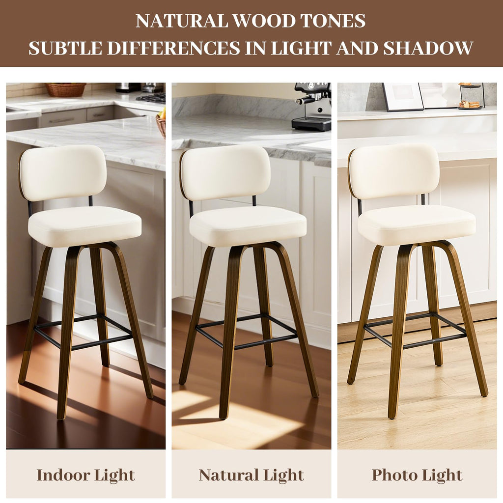 Bekrvio Swivel Counter Height Bar Stools Set of 4, 26" Upholstered Faux Leather Barstools with Back and Bent Wood Legs, Mid Century Modern Bar Chair Island Stool for Kitchen Counter, Cream White