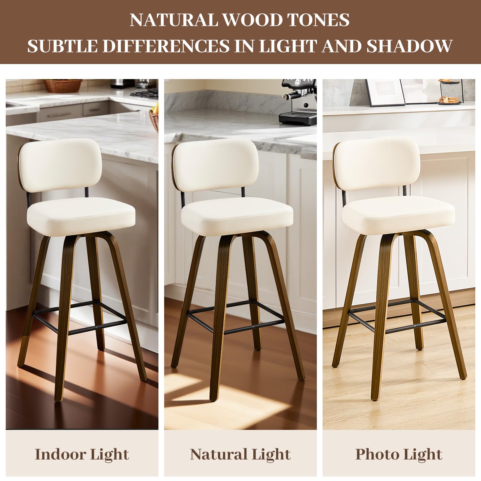 Bekrvio Swivel Counter Height Bar Stools Set of 4, 26" Upholstered Faux Leather Barstools with Back and Bent Wood Legs, Mid Century Modern Bar Chair Island Stool for Kitchen Counter, Cream White