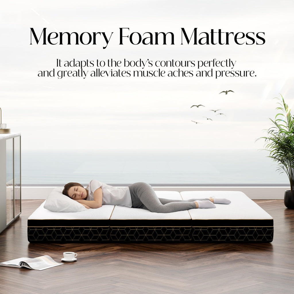 GEMBED Tri-Fold Memory Foam Mattress Queen - 6 Inch Portable Folding Mattress with Handle & Washable Cover, Floor Bed with Non-Slip Base, Space-Saving for Room, Travel, Guest Bed, RV, 78"x58"x6"