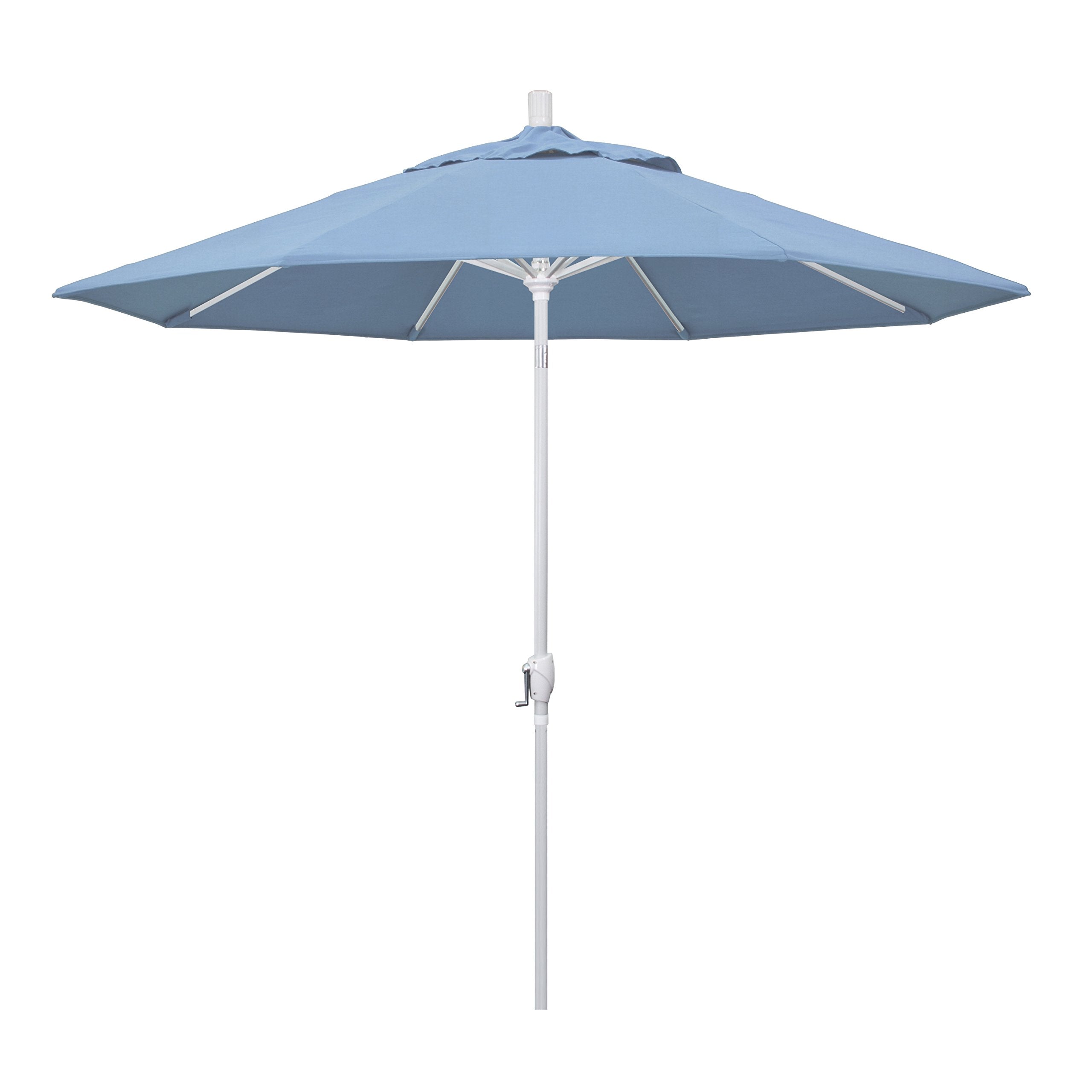 California Umbrella 9' Round Aluminum Market Umbrella, Crank Lift, Push Button Tilt, White Pole, Air Blue