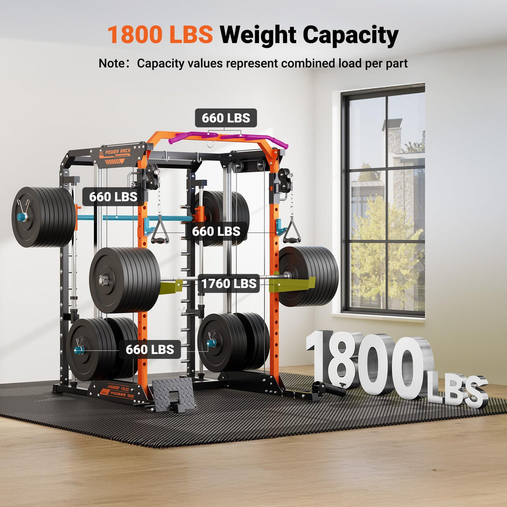 YOLEO Smith Machine with Independent Dual-Pulley System, 1800LBS Adjustable Cable Crossover Squat Rack, Multi-Functional Power Cage for Home Gym with More Workout Equipment LAT Pulldown Bar & Dip Bar