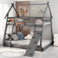 KOTEK Twin Over Queen Bunk Bed, House Bunk Beds with Climbing Nets and Ramp, No Box Spring Needed, Solid Wood Low Bunk Bed Frame for Kids Boys Girls (Grey)