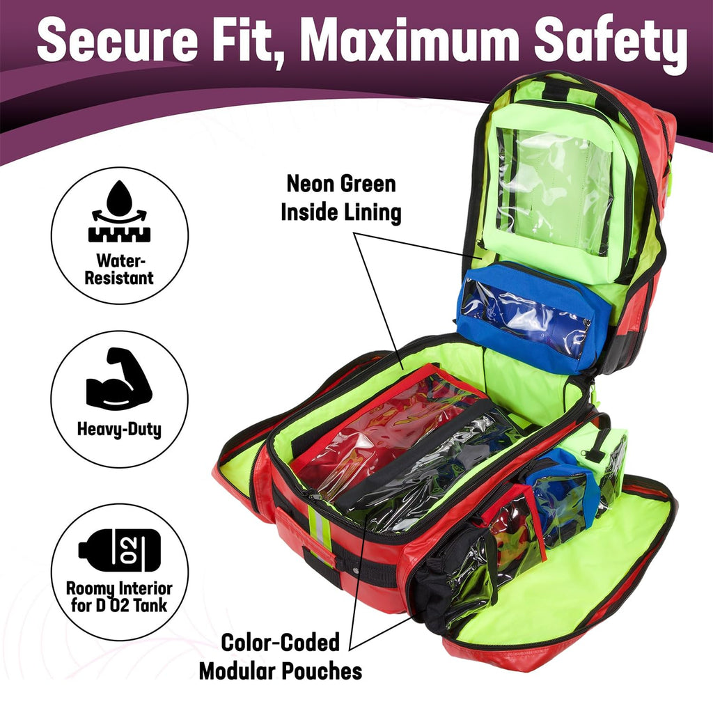 Kemp USA Heavy-Duty EMT Bag, Made with Fluid-Resistant Tarpaulin Material - Emergency Survival Kit with Room for D O2 Tank - Medical Backpack with Multiple Handles (Tarpaulin Fabric Red)