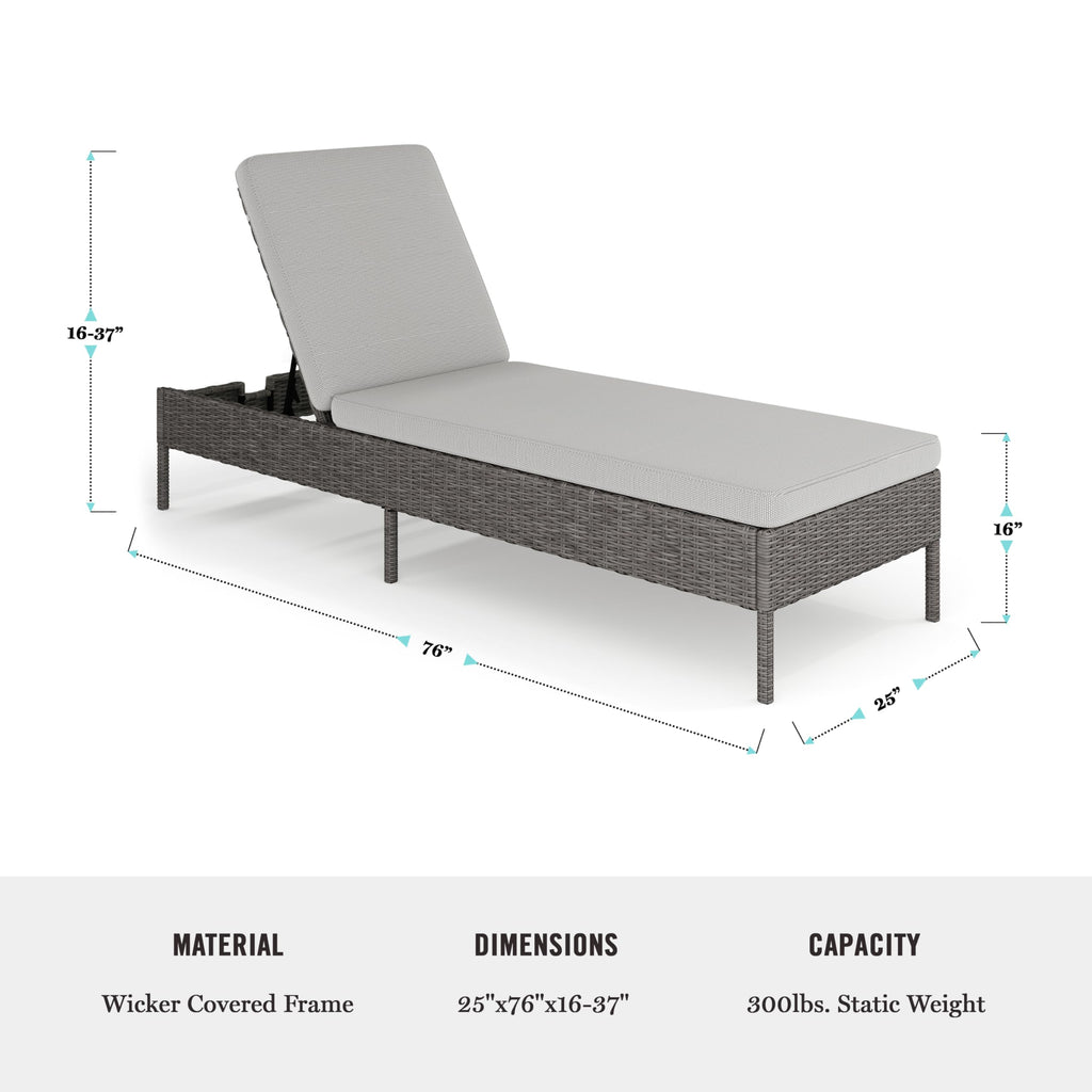 Martha Stewart Bedford Indoor-Outdoor Patio Chaise Lounge Chair with Adjustable Back and Rattan Wicker Finish in Gray with Gray All-Weather Cushions