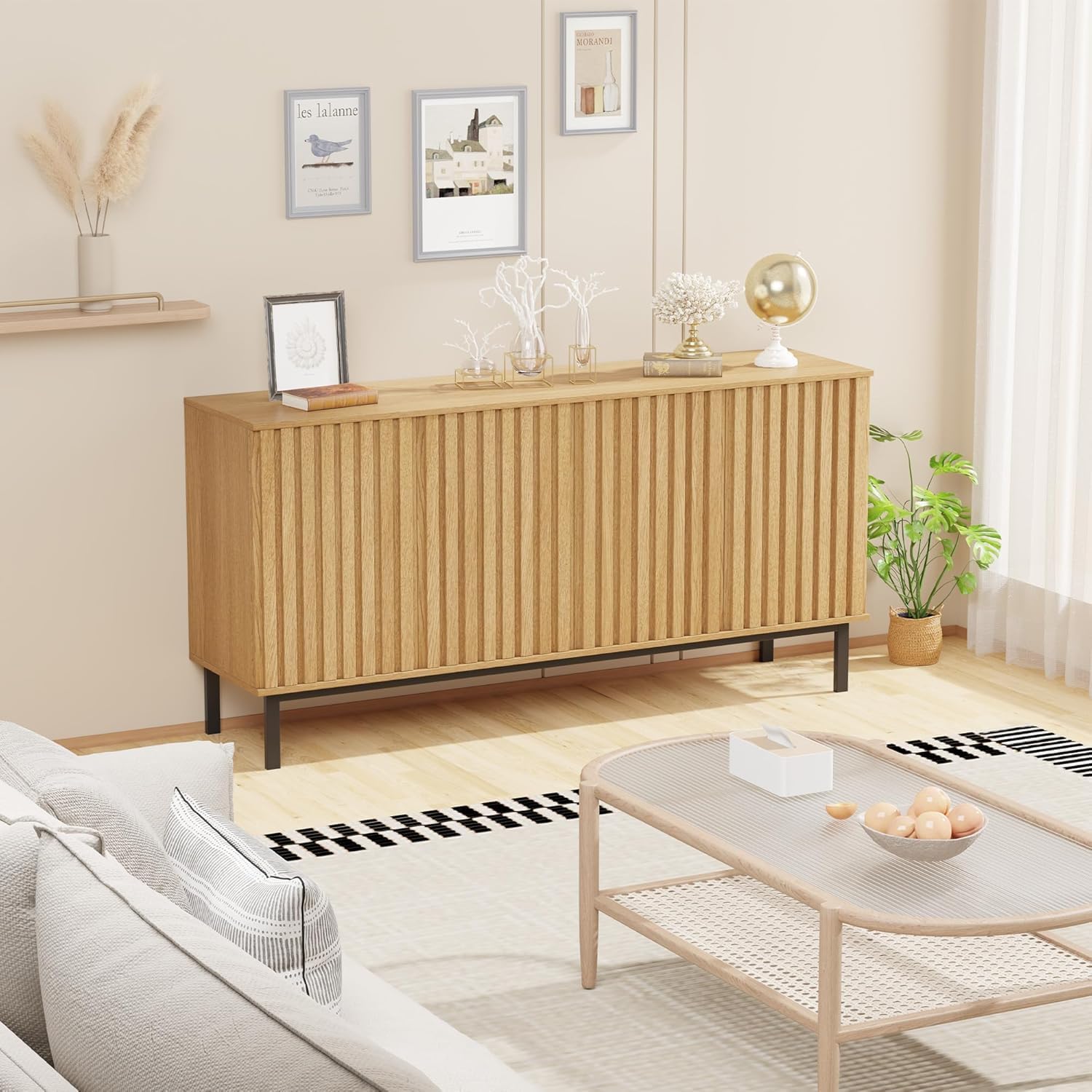 Garvee 60 Inch Sideboard Buffet Cabinet with Fluted Doors, Modern Wood Storage Cabinet with Adjustable Shelf, Freestanding Coffee Bar for Dining Room Living Room