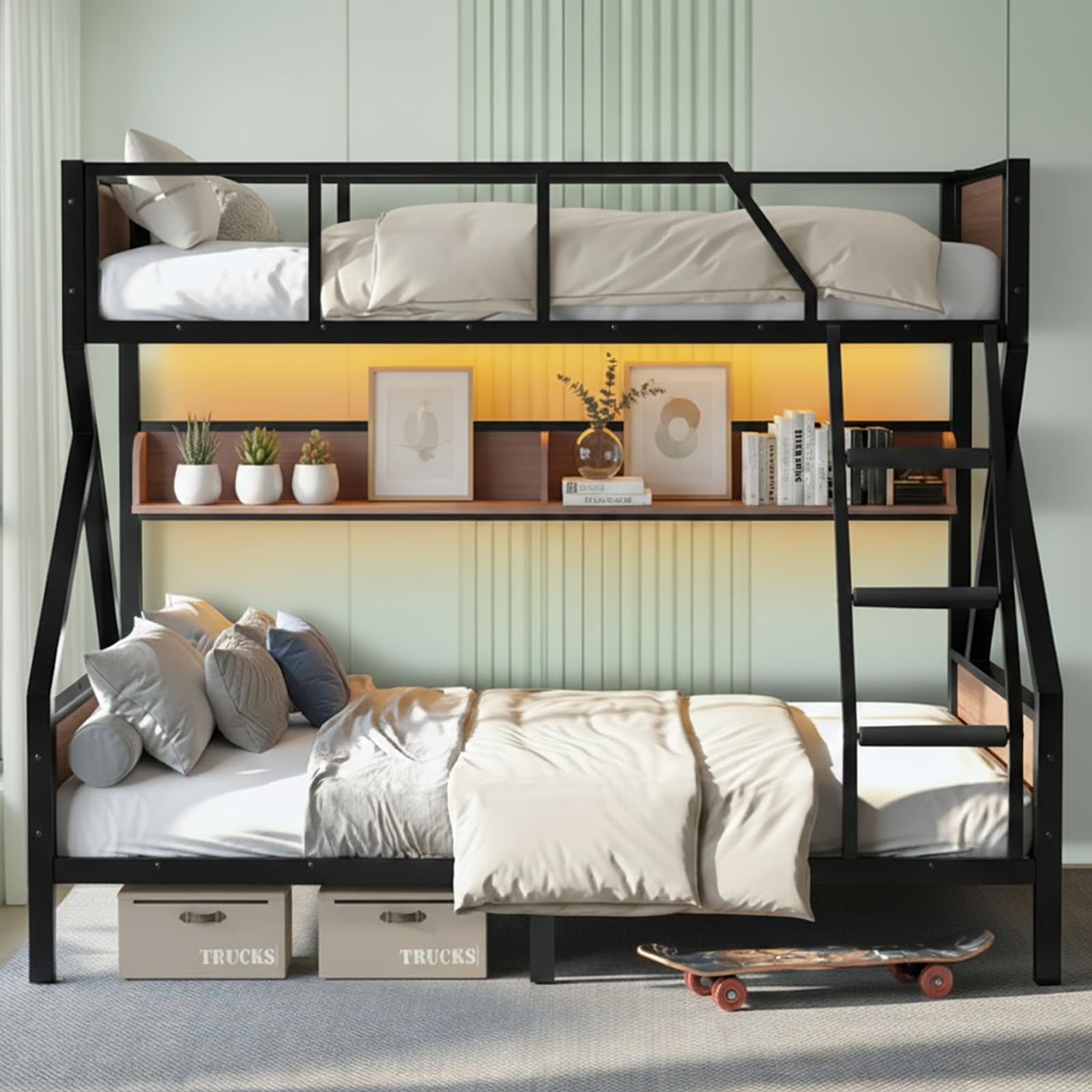 HKOLIE Twin XL Over Queen Bunk Bed with Storage Shelves & LED Lights, Heavy Duty Metal Bunk Bed Frame with Stairs, Noise-Free Design, Space-Saving Bed with Guardrails for Kids, Teens & Adults, Black