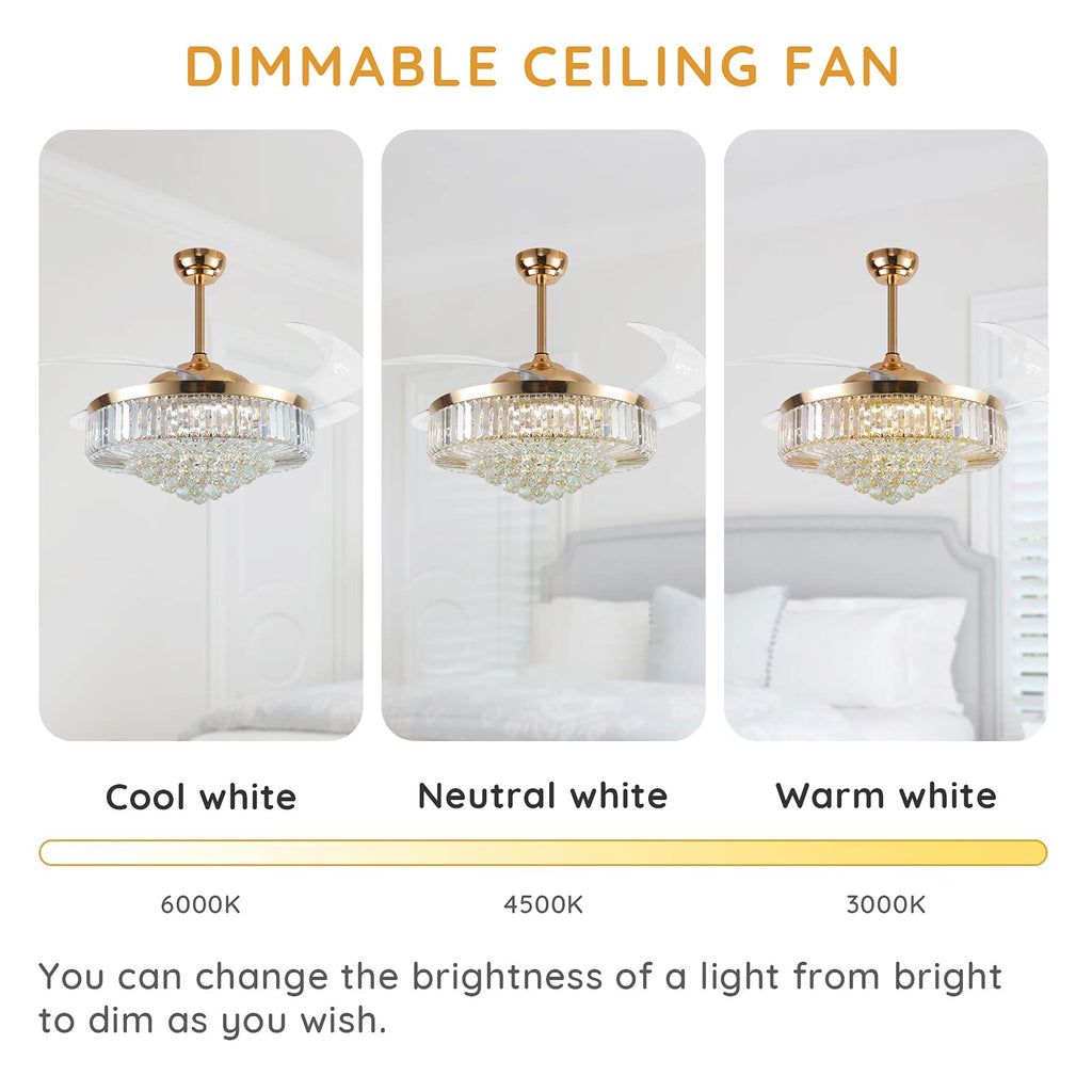 MOOONICHE 52 Inch Crystal Ceiling Fan with Light and Remote Modern Dimmable Fandelier Invisible Retractable Chandelier Fan Gold for Bedroom Living Room