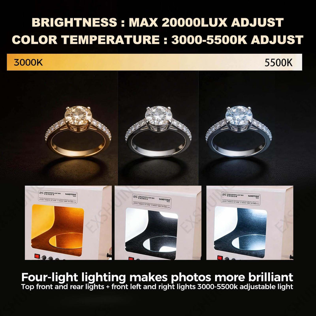 EXSHUING Jewelry Photography Light Box with Turntable, Dimmable Led Photo Tent – 360° Auto-Rotation, 1kg/2.2lbs Load, Hanging Bracket Included, 3000-5500k, CRI>92%, for Stunning Gemstone & Gold(TB30)