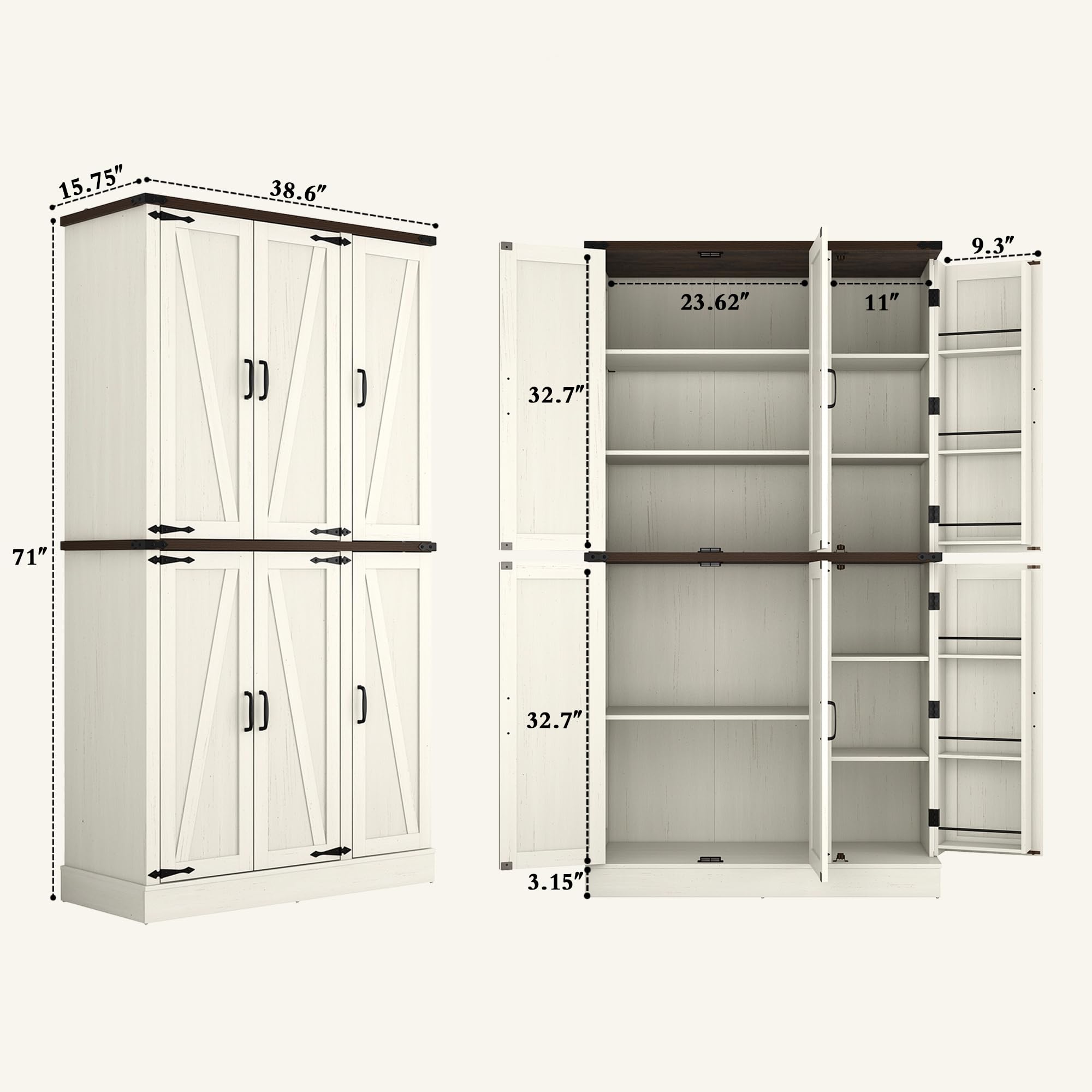 Hlivelood 71" Tall Kitchen Pantry,Farmhouse Storage Cabinet with Barn Doors,Organizer,Rustic Wood Cupboard,Farmhouse Pantry Cabinet for Kitchen,Dining Room,Living Room(Rustic White)