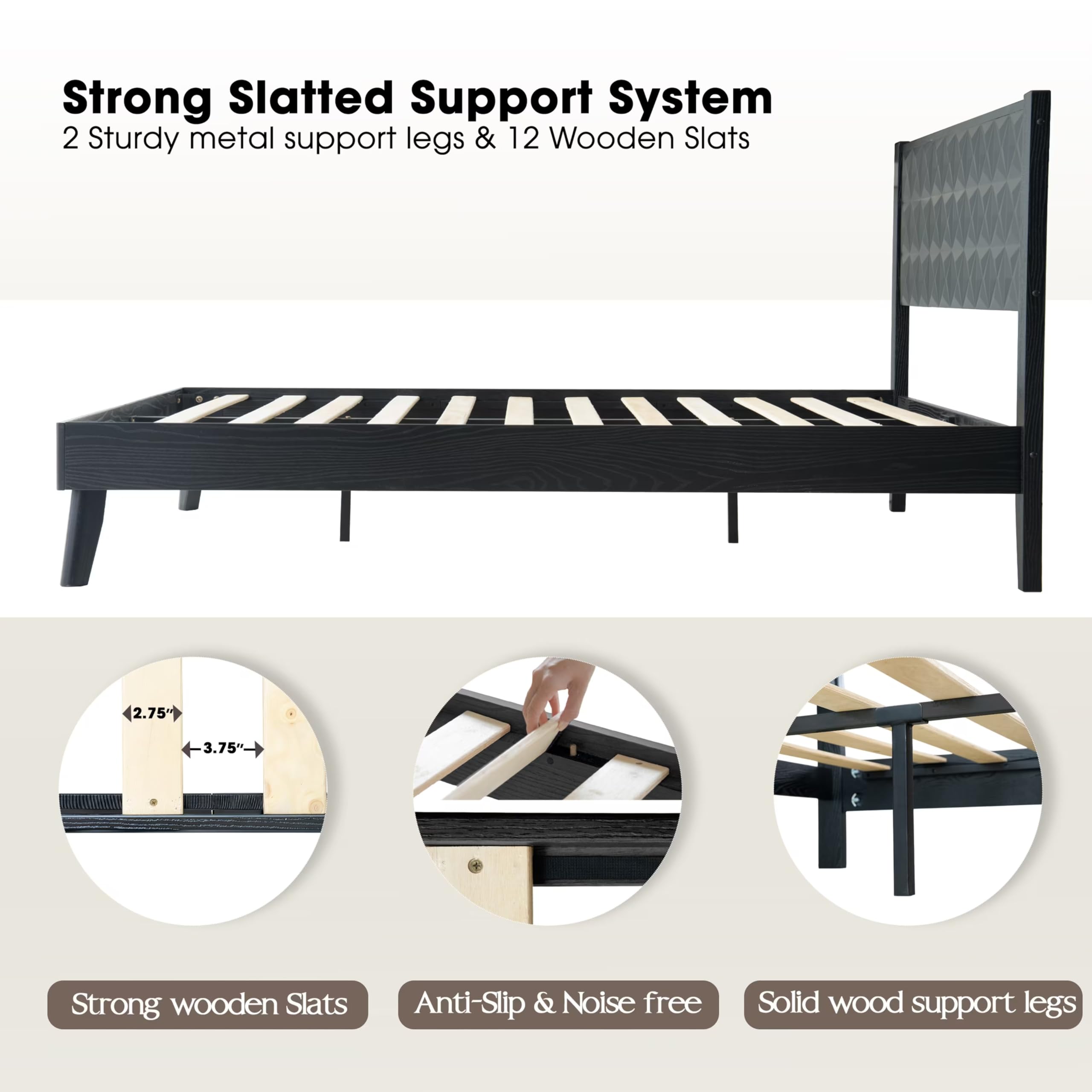 Queen Size Platform Bed Frame with Headboard & Footboard, Center Metal Legs, 12 Solid Wood Slatted Base, Easy Assembly, No Box Spring Needed, Noise-Free & Anti-Slip, Ebony Oak Finish UPQ-35