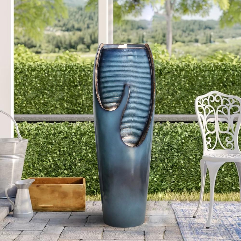 watnature 38.7”Tall Outdoor Water Fountains and Waterfalls - Indoor Water Urn Fountain, Modern Floor Standing Water Fountains with LED Lights and Pump for Garden, Patio, House Decor