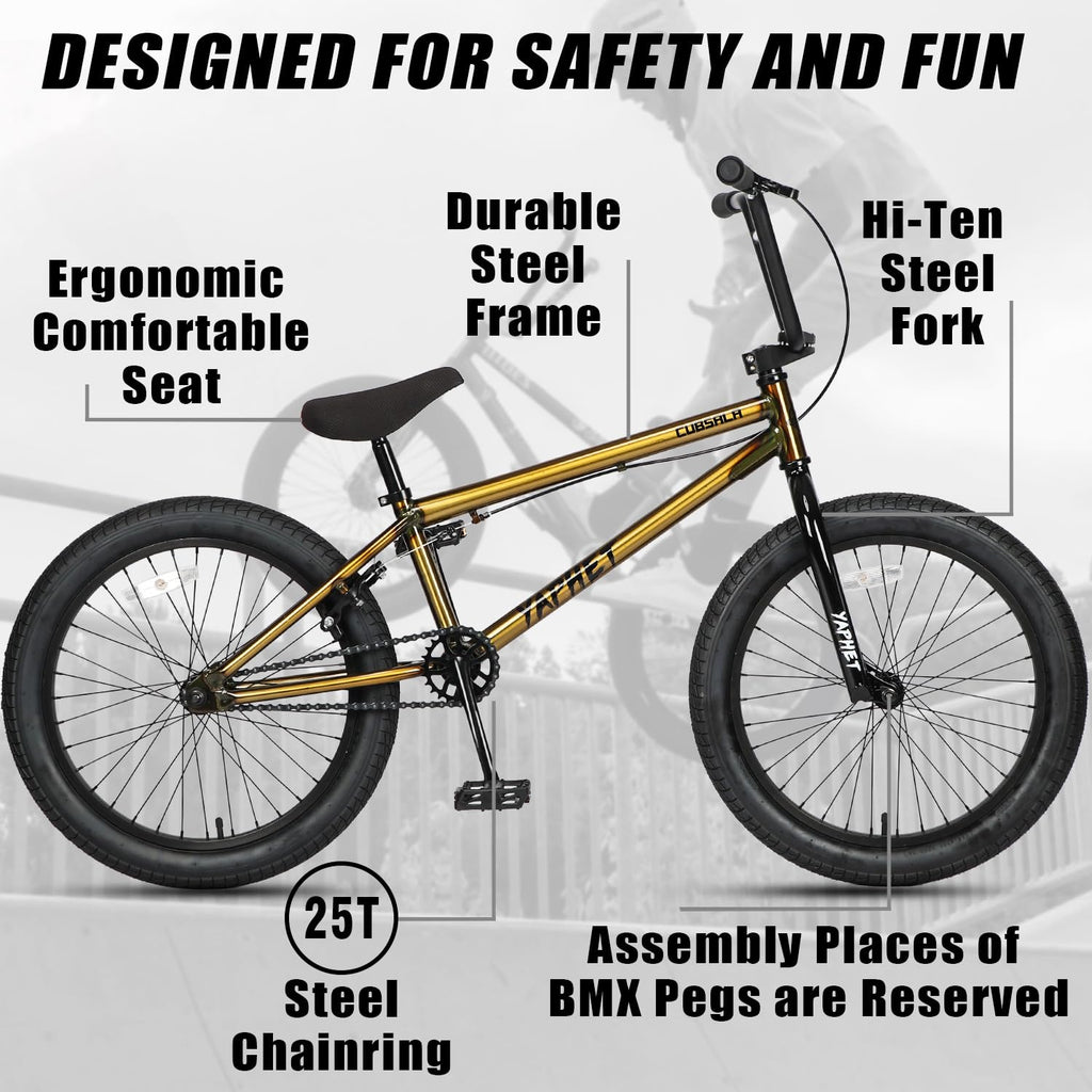 cubsala Freestyle BMX Bike, 20 Inch Yaphet Bicycle for Teen Beginner and Adult Riders, Bike with Hi-Ten Steel Frame, Gold