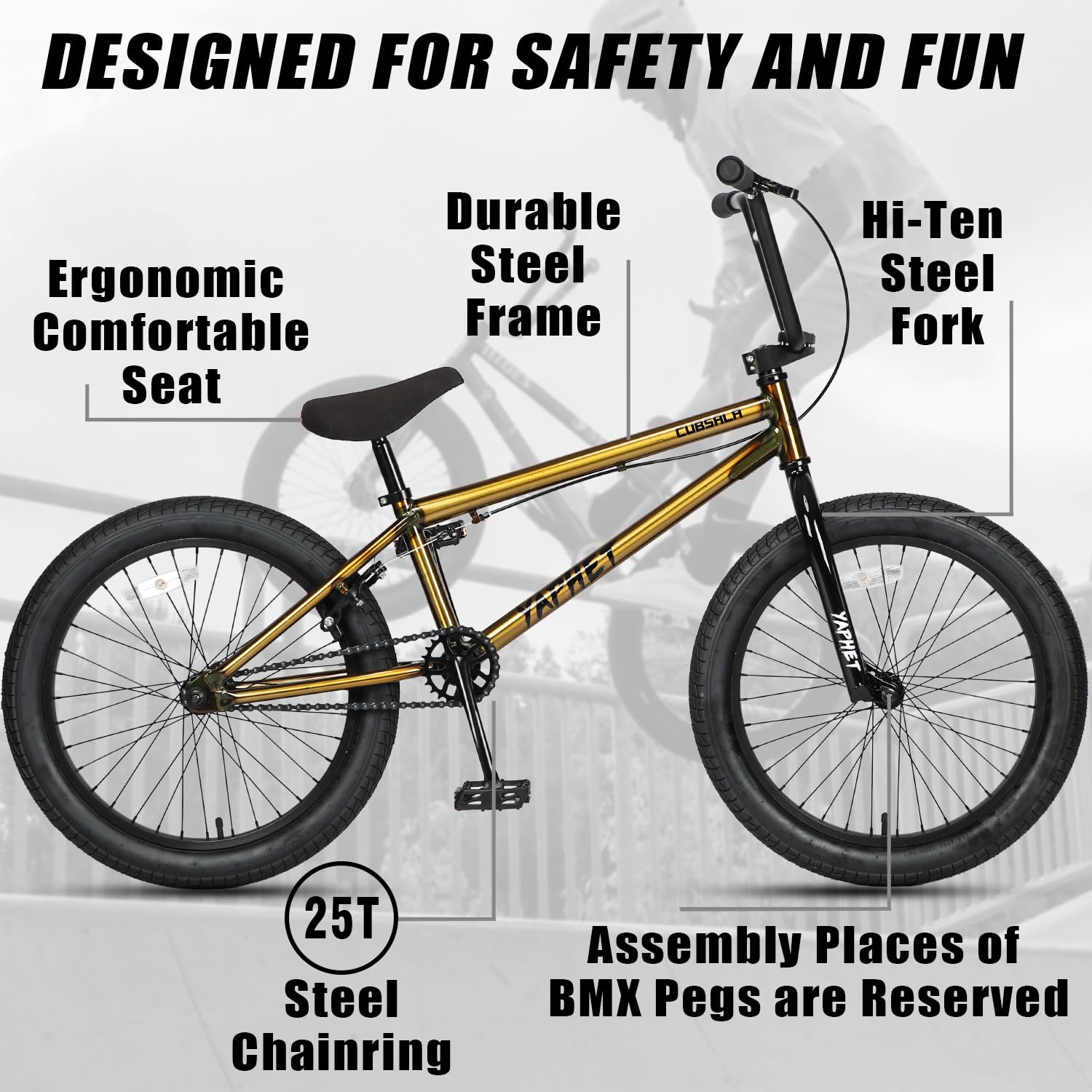 cubsala Freestyle BMX Bike, 20 Inch Yaphet Bicycle for Teen Beginner and Adult Riders, Bike with Hi-Ten Steel Frame, Gold