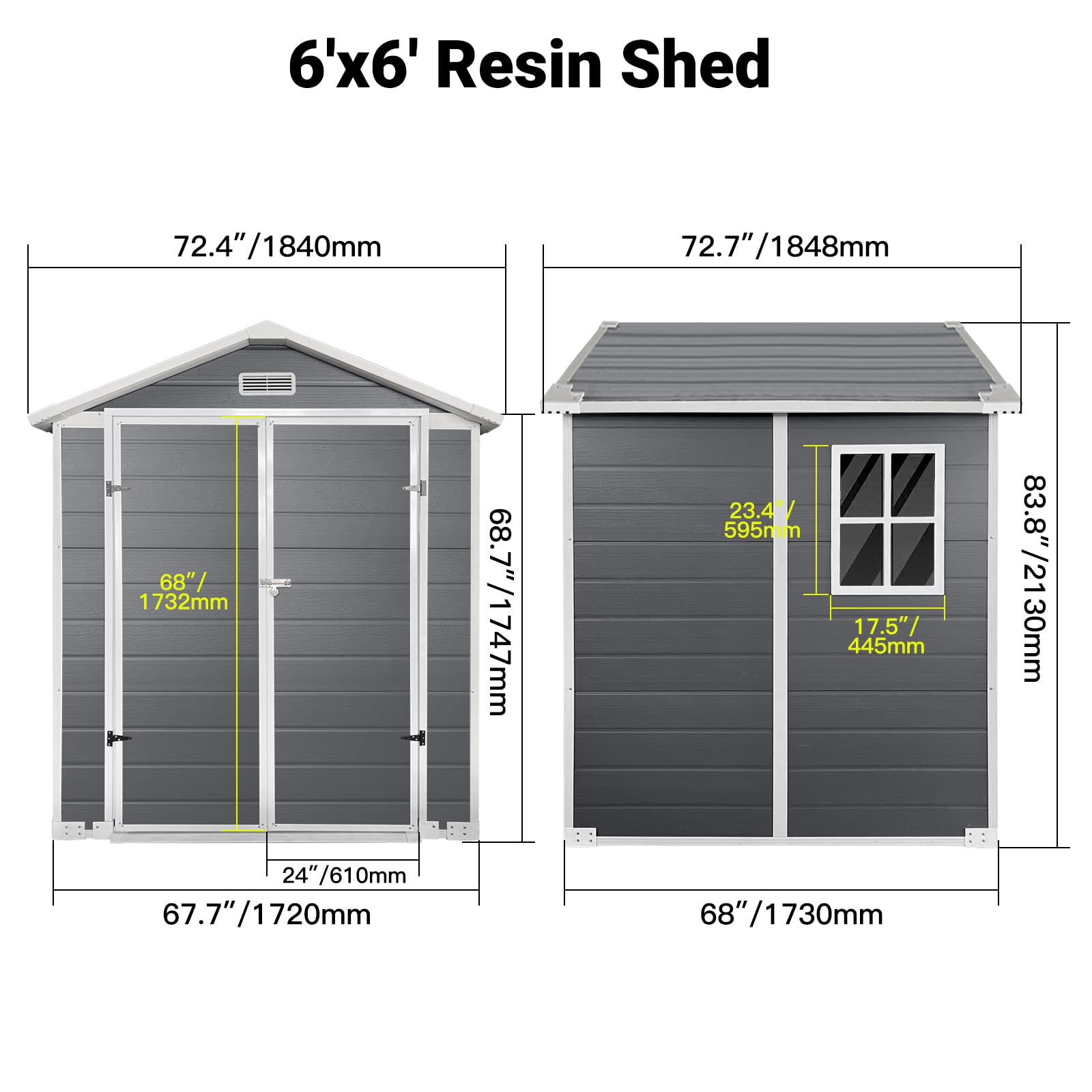 YOPTO 6x6 FT Storage Shed,Plastic Outdoor Storage Shed with Floor and Lockable Door,Waterproof Garden Shed W/Windows & Vents,Sloped Roof,Tool House for Storing Bicycles,Lawnmowers,Gray